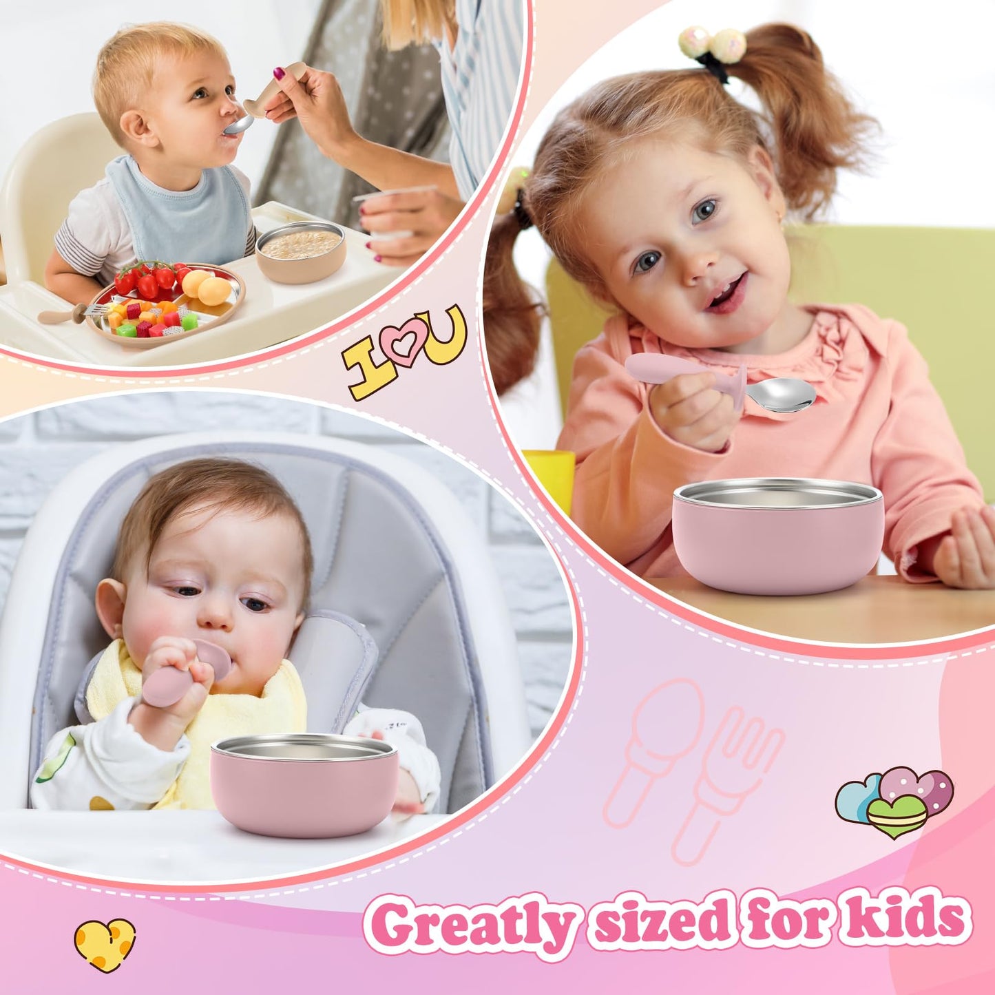 Honeydak 2 Pack Stainless Steel Baby Plates and Bowls with Suction & 2 Pack Spoons and Forks Set Kid Gift Toddler Utensil Baby Feeding Set Divided Plates for Weaning Supplies(Pink,Matte Tan)