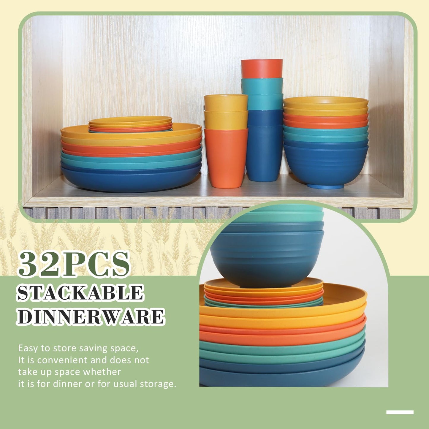 Wrova Wheat Straw Dinnerware Set of 32, Unbreakable Dinner Plates and Bowls Dishes Sets Service for 8,Dishwasher Safe Dinnerware Sets for Kitchen and Camping.Vibrant Series