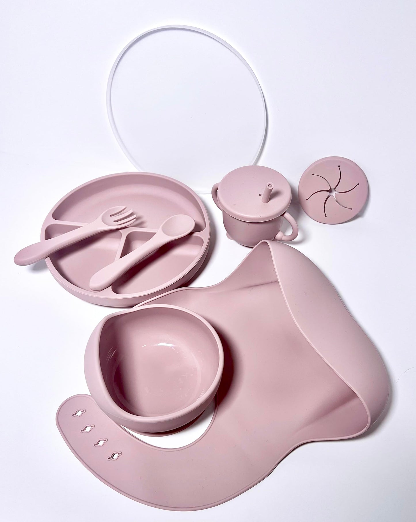 Kotaria 9 Piece Pink Toddler Silicone Dinner Set. Includes Bib, Suction Compartment Plate with lid, Cup with Straw and lid for Snack time, Bowl, Fork and Spoon.