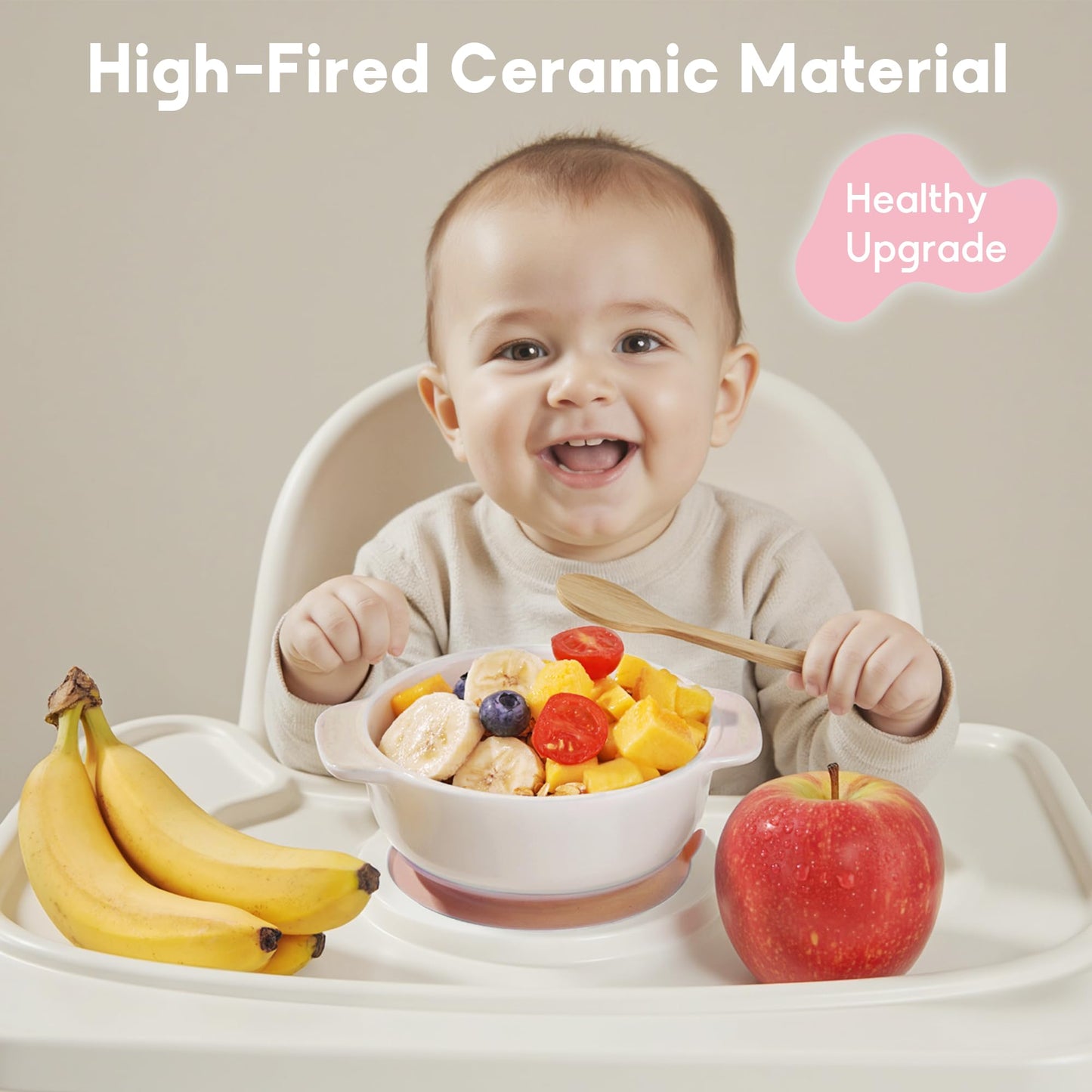 Mrs. Chou Ceramic Suction Bowl for Babies and Toddlers, Non-Slip Silicone Suction Cup, BPA-Free Lids, Independent feeding, First Stage Self Feeding Essential, Baby-Led Weaning Snack Feeder