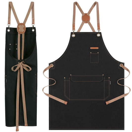 RockyToy Chef Apron with Cross Back Straps for Men Women, Cotton Canvas Apron for Artists Painting, Kitchen Cooking - Black