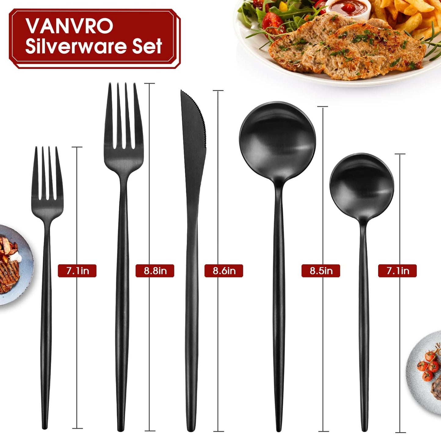 VANVRO Matte Black Silverware Set, 40-Piece Stainless Steel Flatware Set, Tableware Cutlery Set Service for 8, Satin Finish Utensils Set, Knife Fork Spoon Set for Home and Restaurant, Dishwasher Safe