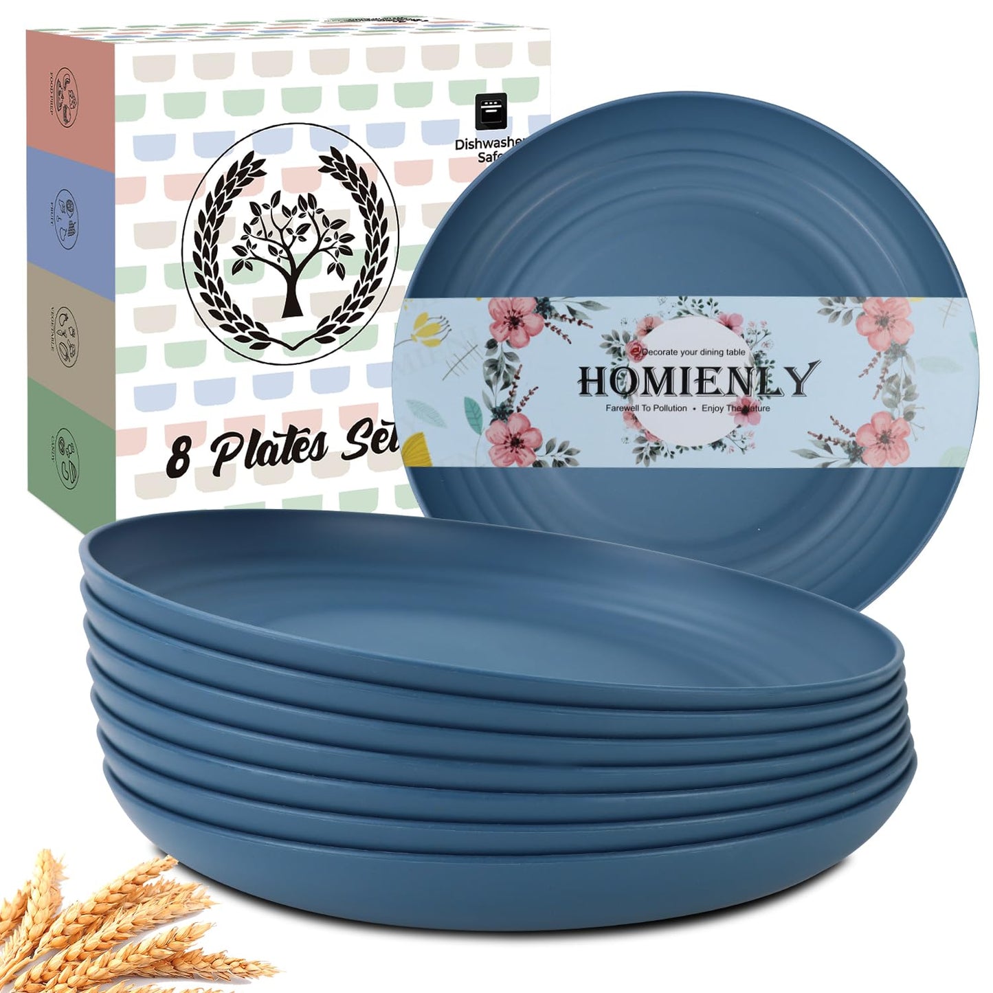 Homienly Deep Dinner Plates Set of 8-9 inch Alternative for Plastic Plates Microwave and Dishwasher Safe Wheat Straw Plates for Kitchen Unbreakable Plate Set (Blue)
