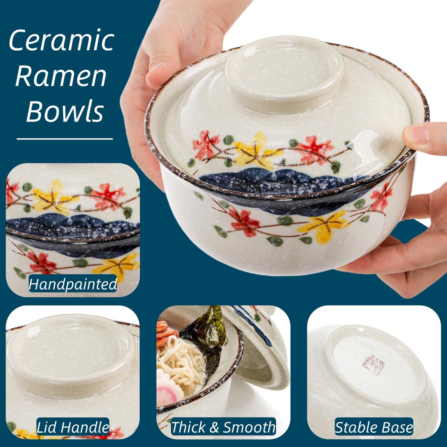 Nagpew 2 Pieces Ceramic Ramen Bowls, 25 Oz Large Soup Bowl with Lid, Spoon, Chopstick, Hand-painted Japanese Tableware for Noodles, Salad, Rice, Microwave Dishwasher safe