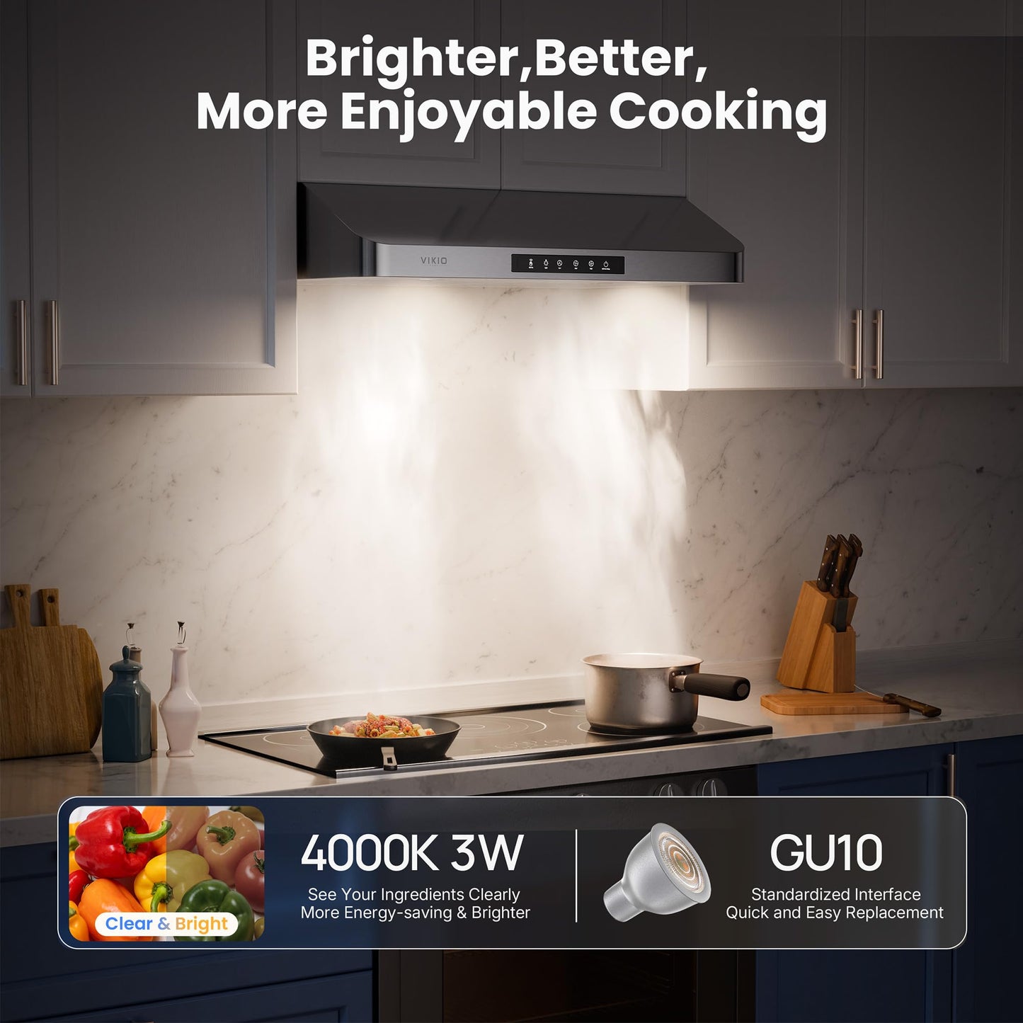VIKIO HOME Under Cabinet Range Hood 30 Inch, 980CFM Fast Venting Ducted, Kitchen Hood With 3 Speed Gesture Sensing & Touch Control, Stainless Steel Stove Vent Hood With LED Light And 2 Baffle Filters