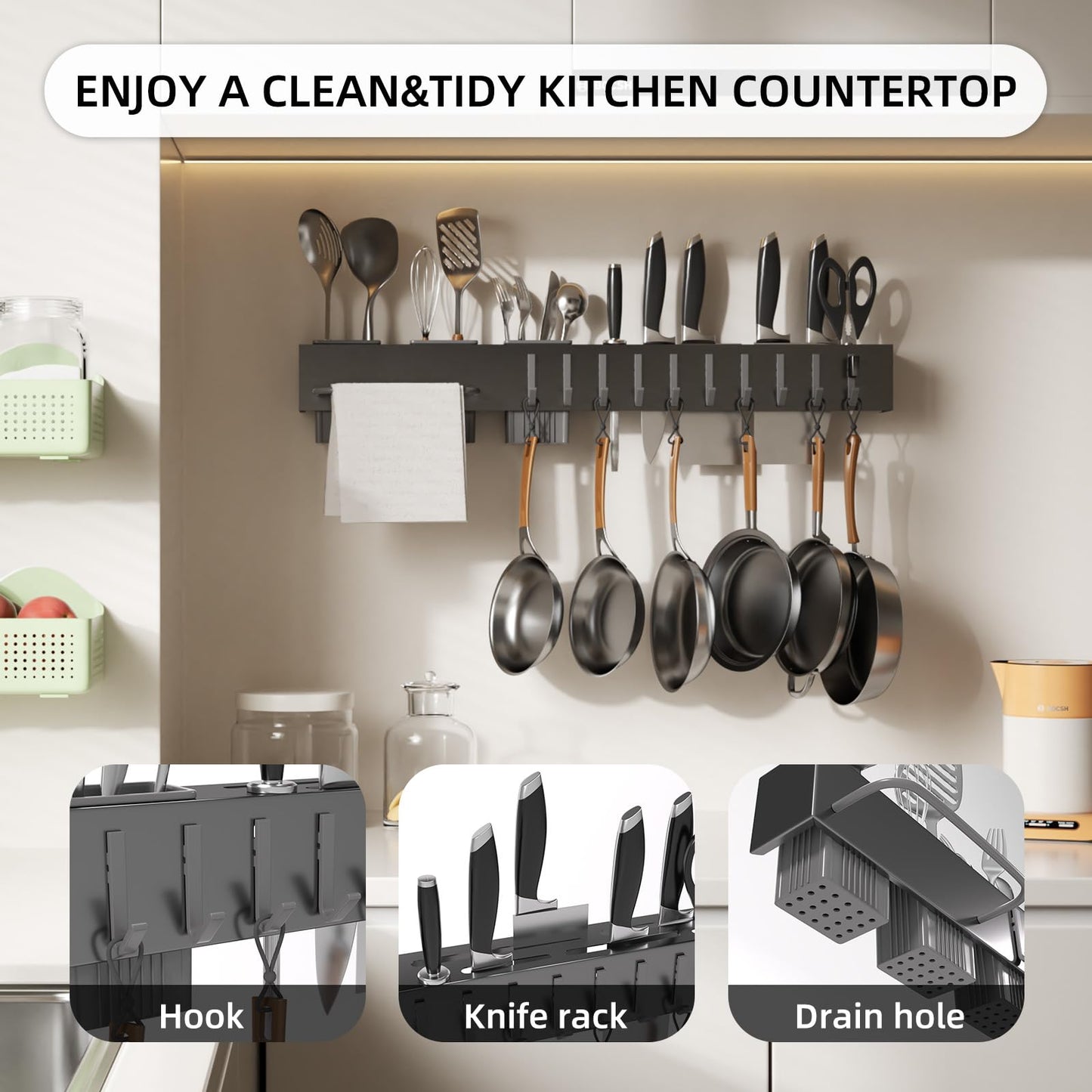 NAT MEYA Stainless Steel Pot and Pan Hanger,Wall Mounted Pot Rack Kitchen Hanging Rail With S Hooks,Detachable Pans Hanging Rail Kitchen Utensils Hanger,23.7 Inch Wall Mounted Hanging Pot Rack