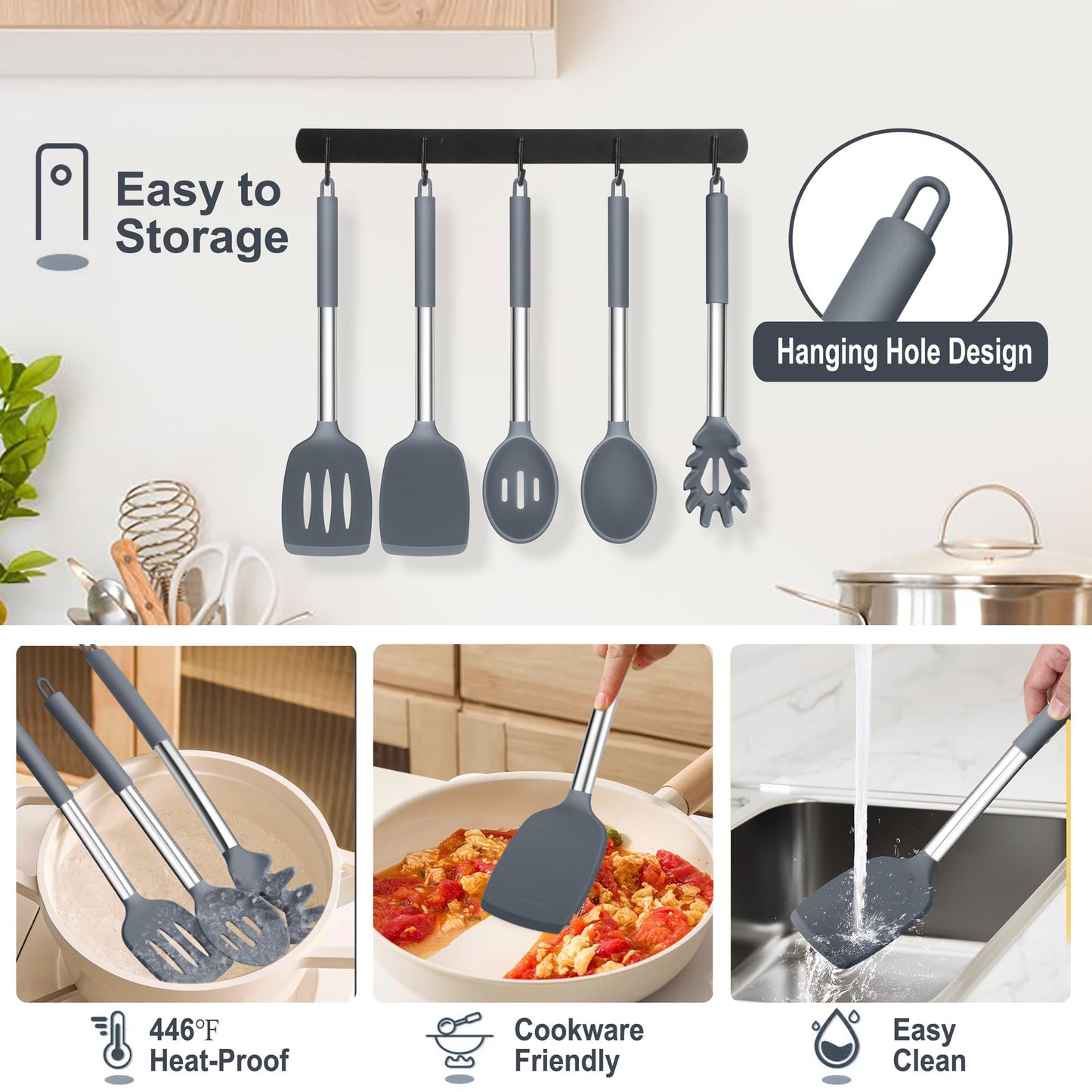 TeamFar Silicone Cooking Utensils Set, 5 PCS Heat-Proof Kitchen Utensils with Stainless Steel Handle, Turner/Spoon/Pasta Server for Nonstick Cookware Frying Flipping Draining, Light Grey