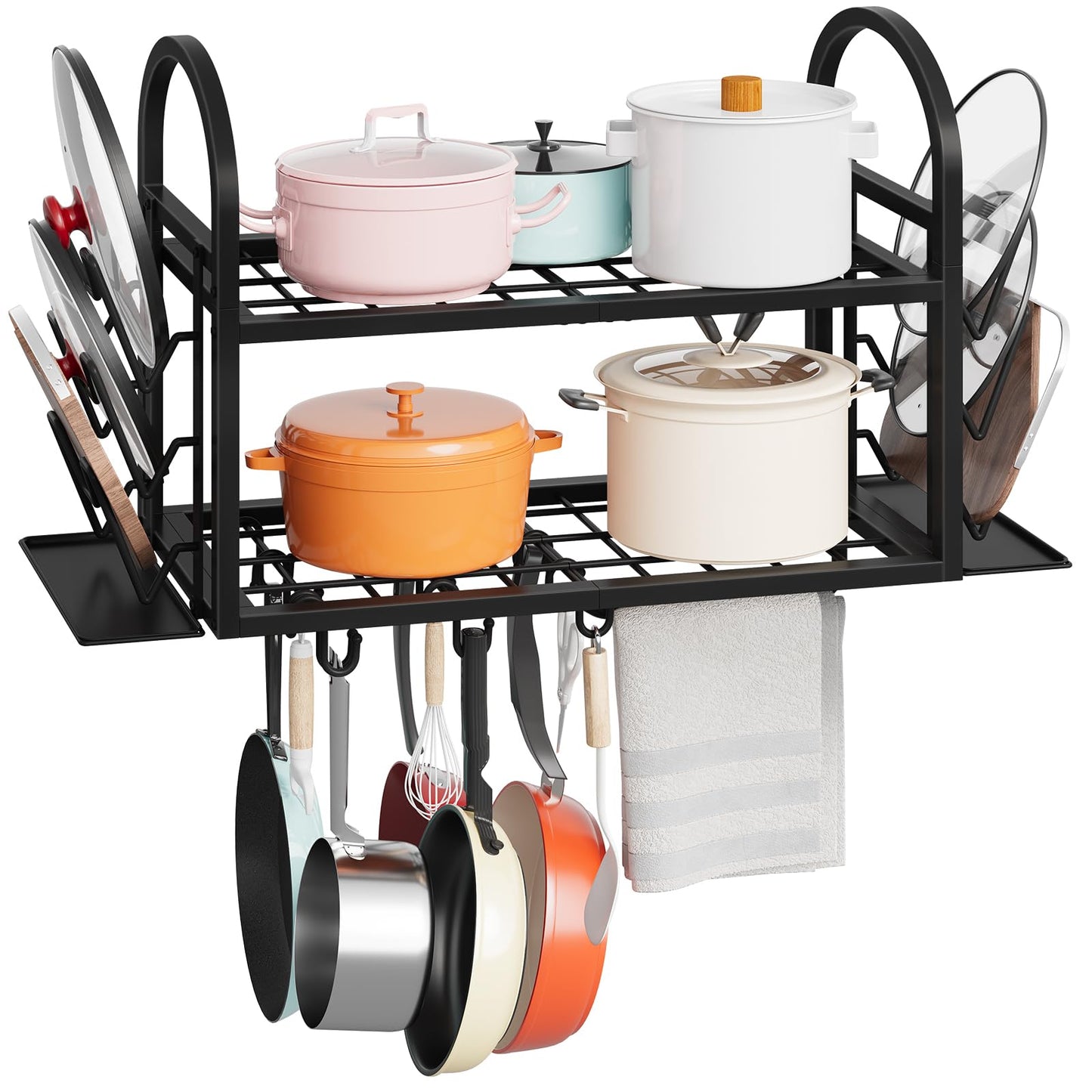 HOOBRO 30 Inch Pot Rack Wall Mounted, 2 Tier Pots and Pans Organizer with 6 Lid Holders and 10 Hooks, Wall-Mounted Pan Hanger with Towel Bar, for Kitchen Cookware Utensils Storage, Black BB100TL01