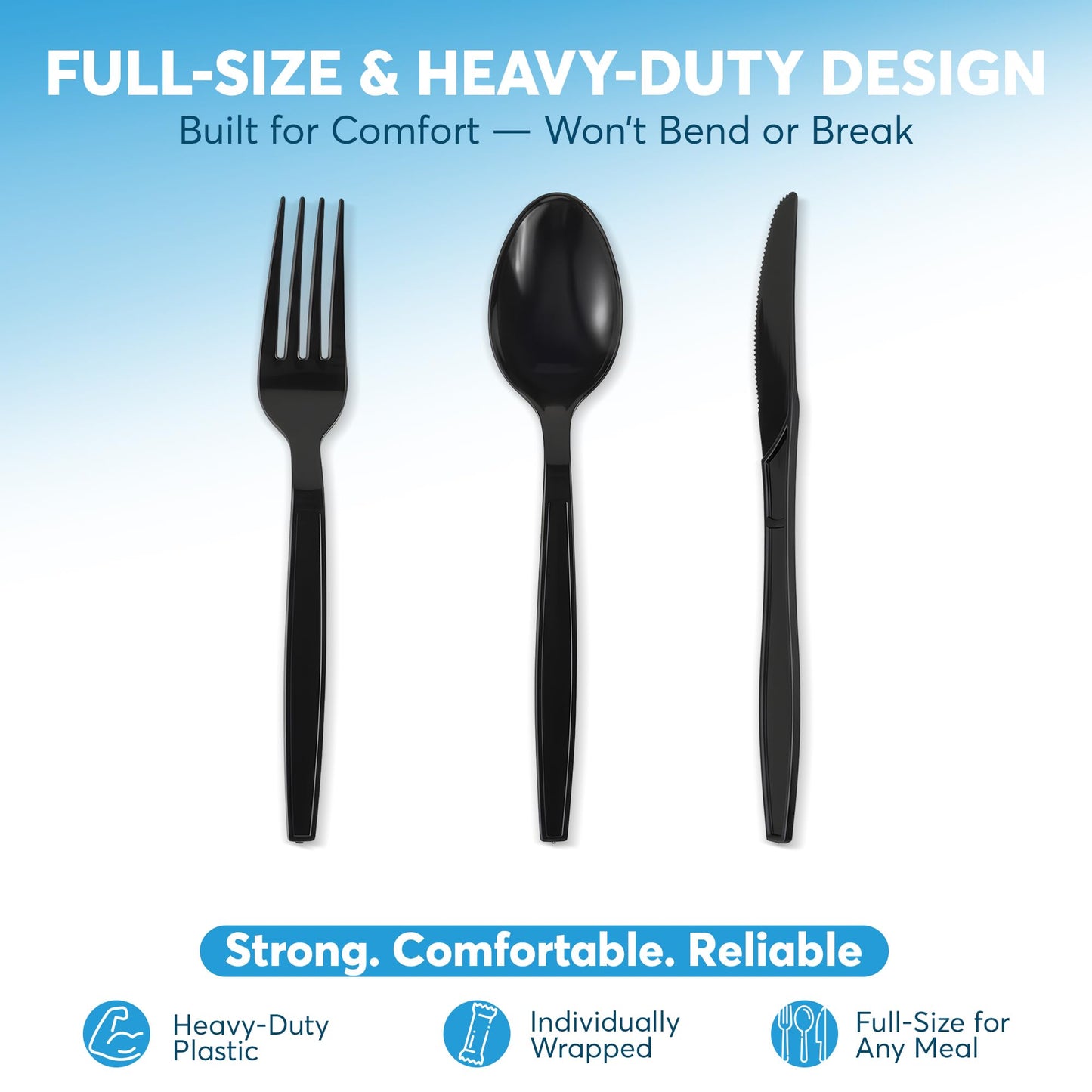 Individually Wrapped Plastic Cutlery Set with Napkin - 100 Pack Heavy Duty Disposable Forks, Spoons, Knives - Sanitary Wrapped Utensils Packets for Restaurants, Catering, Takeout, Parties (Black)