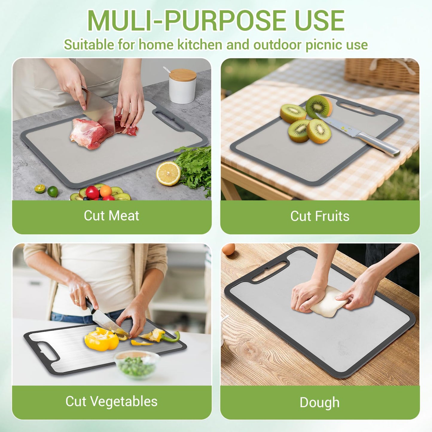 Titanium Cutting Board set of 3,Metal Cutting Boards for Kitchen,Stainless Steel Cutting Board, Chopping Boards for Kitchen and Camping,Silicone Edge for Non-Slip & Non-Cut 3Pcs(L+M+S)