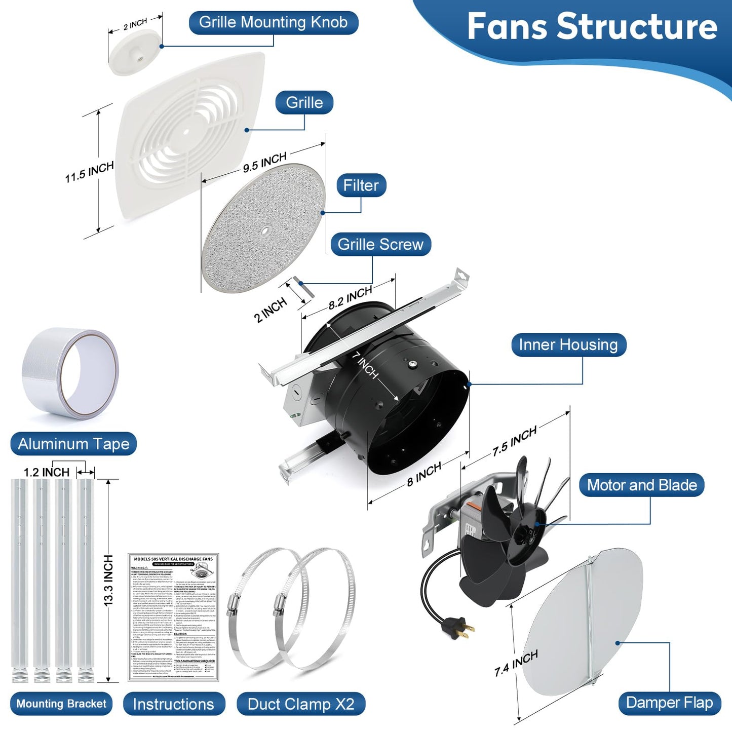 505 Bathroom Exhaust Fan, 8 Inch Fan with 200 CFM, White Vertical Discharge Ceiling Ventilation Fan, Bathroom Vent and Kitchen Exhaust Fan, Attic and Garage Ceiling Fan, Household Ventilation Fans