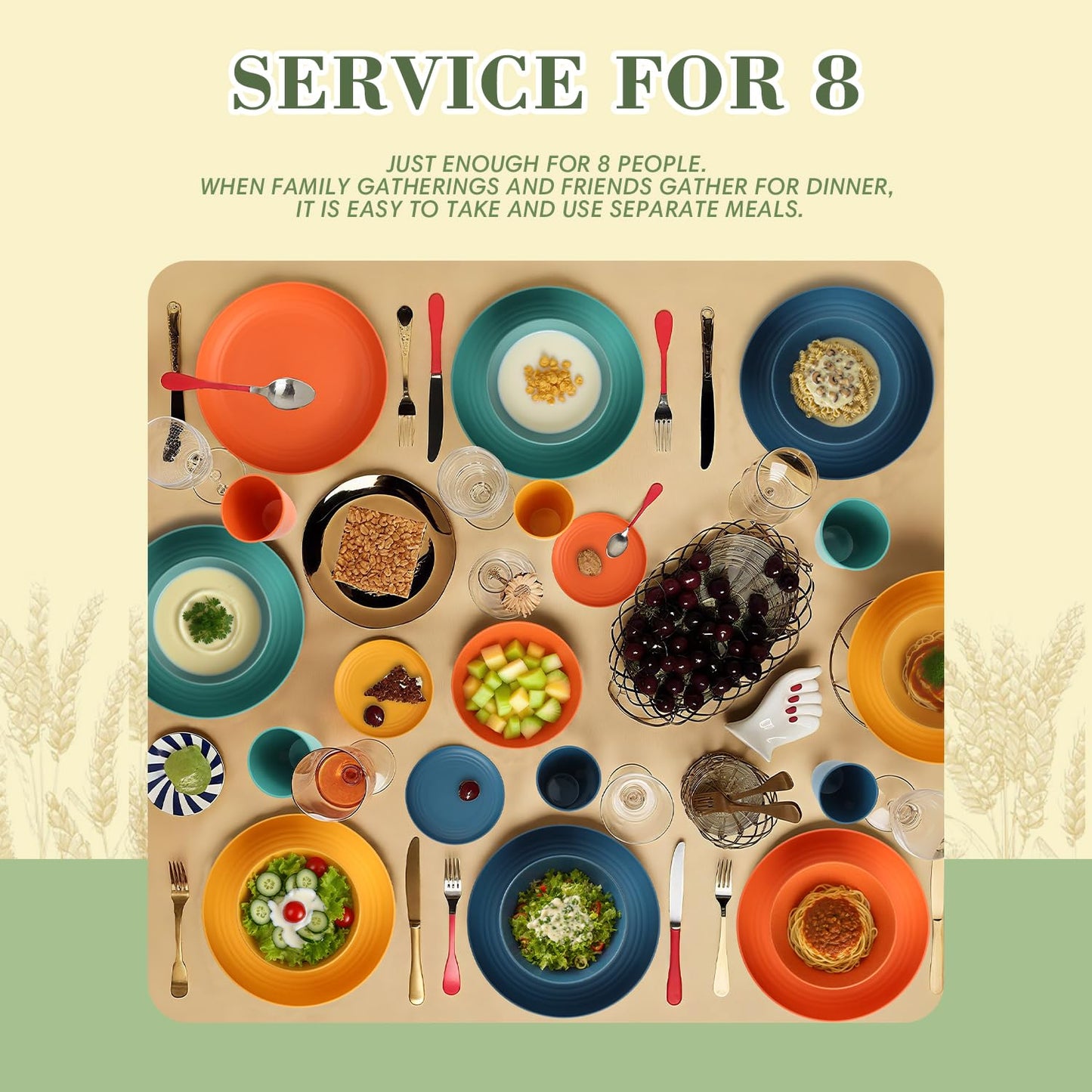 Wrova Wheat Straw Dinnerware Set of 32, Unbreakable Dinner Plates and Bowls Dishes Sets Service for 8,Dishwasher Safe Dinnerware Sets for Kitchen and Camping.Vibrant Series