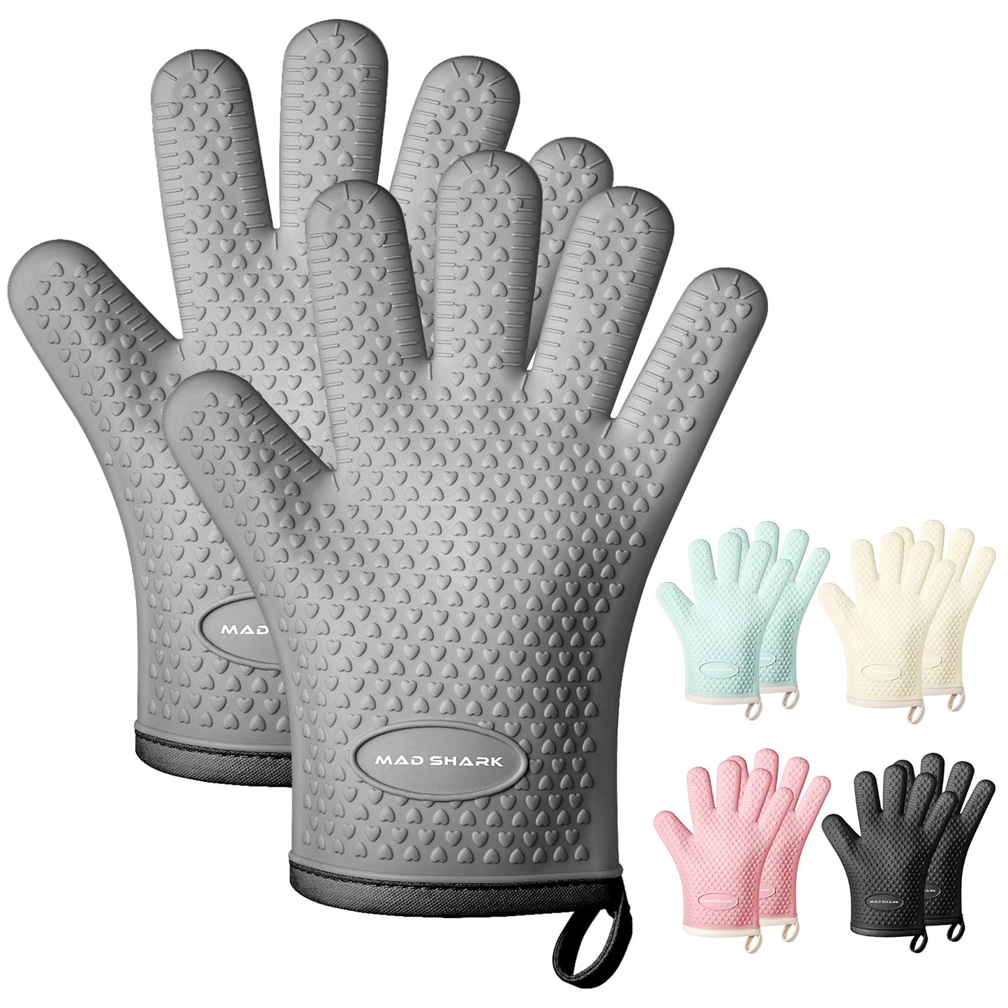 MAD SHARK Silicone Oven Mitts Heat Resistant 450 Degrees,Waterproof & Non-Slip Oven Gloves with Fingers,Cotton Lined Silicone Oven Gloves Kitchen Mitts for Baking Cooking Barbecue,Women,Oven (GREY1)