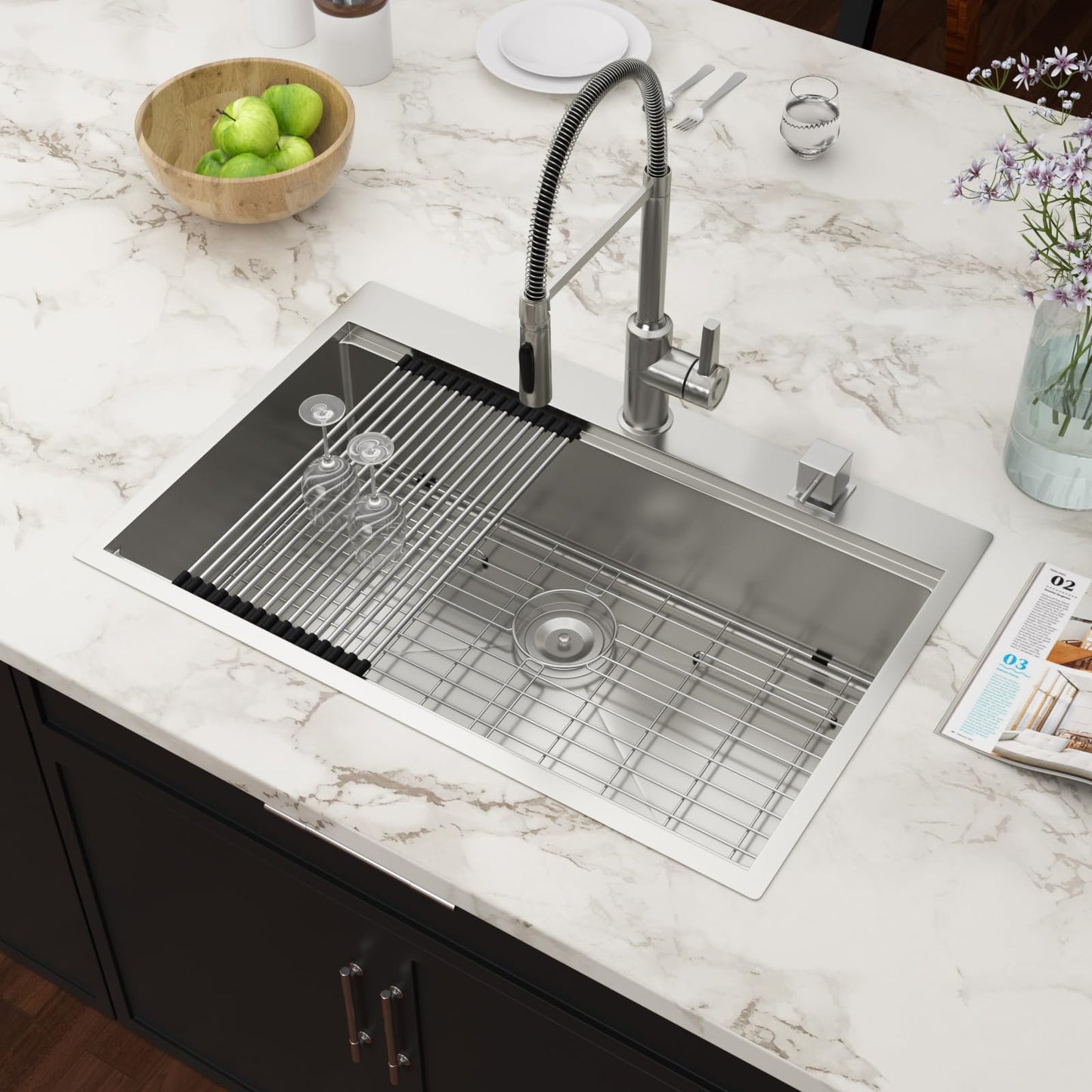 33x22 Drop In Kitchen Sink Workstation - Couoko 33 Inch 16 Gauge T304 Stainless Steel Drop In Sink Large Deep Handmade Single Bowl Kitchen Sinks with Accessories, 33"x22"x9"