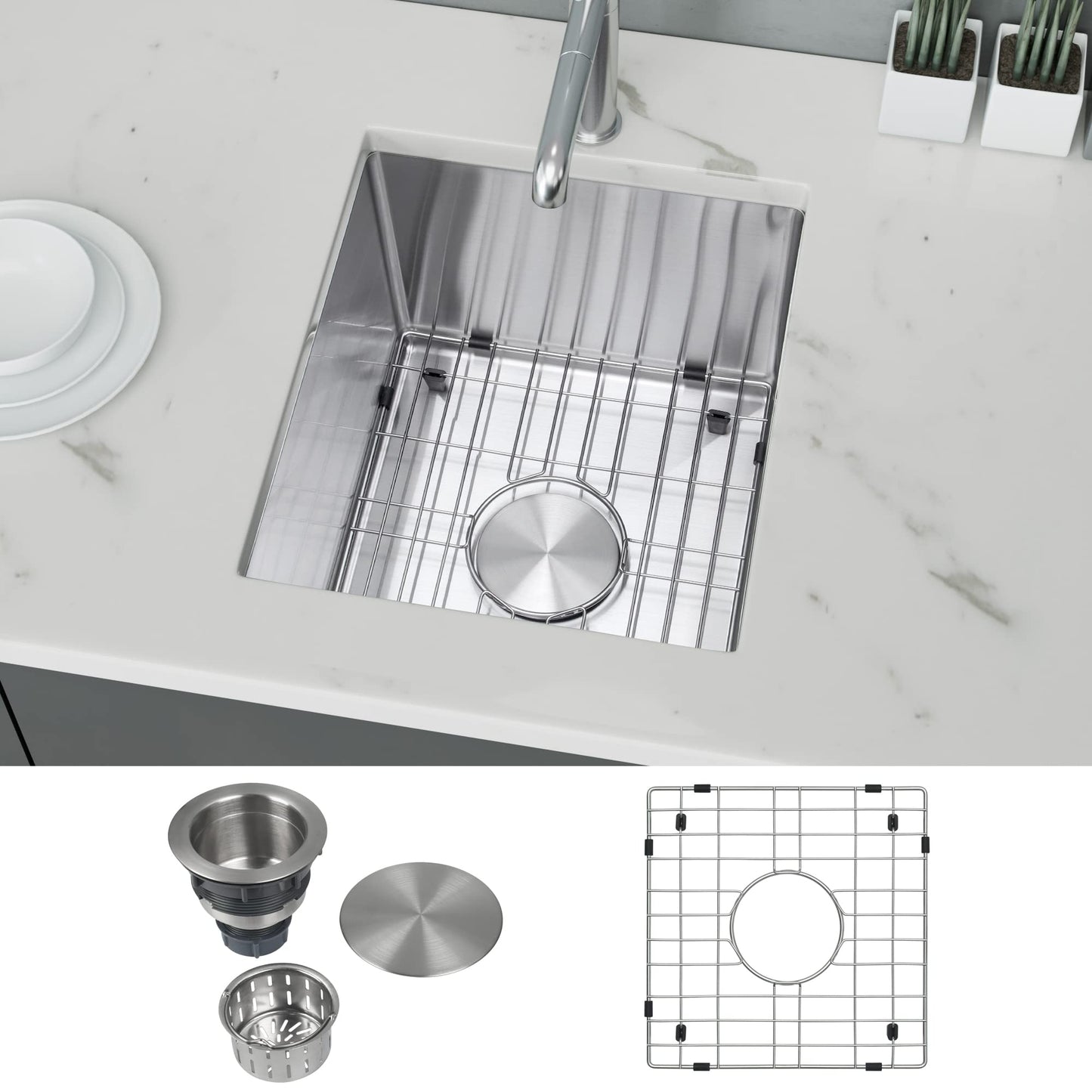 LQS Oval Stainless Steel RV Sink, Small Bathroom Kitchen Sink, 5.12" Depth, RV Kitchen Bar Sinks with Sinks Drain Assembly (Stainless Steel, 15" x 15" x 10")