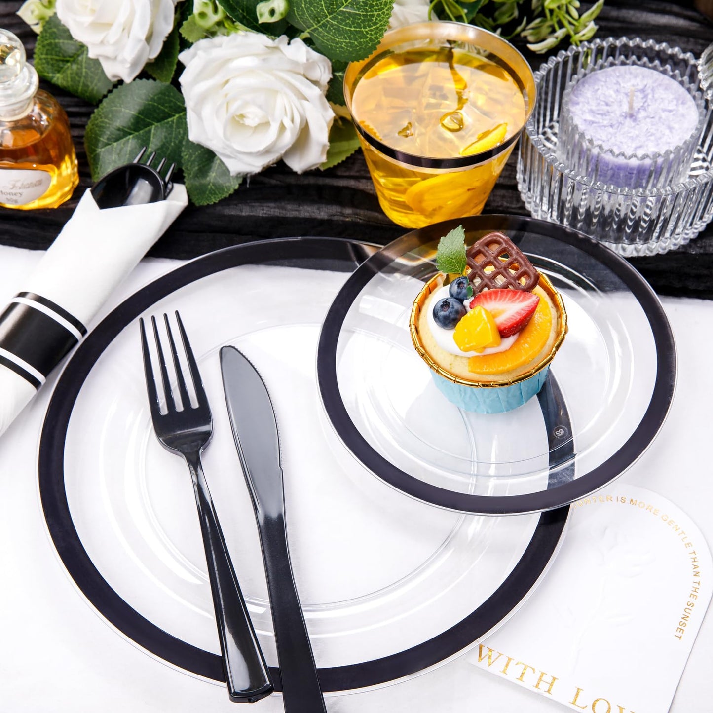 Liacere 350PCS - Clear Plates with Black Rim for 50Guests Dinnerware Include 100 Clear Plates disposable 150 Black Silverware 50 Napkins for Party & Graduation