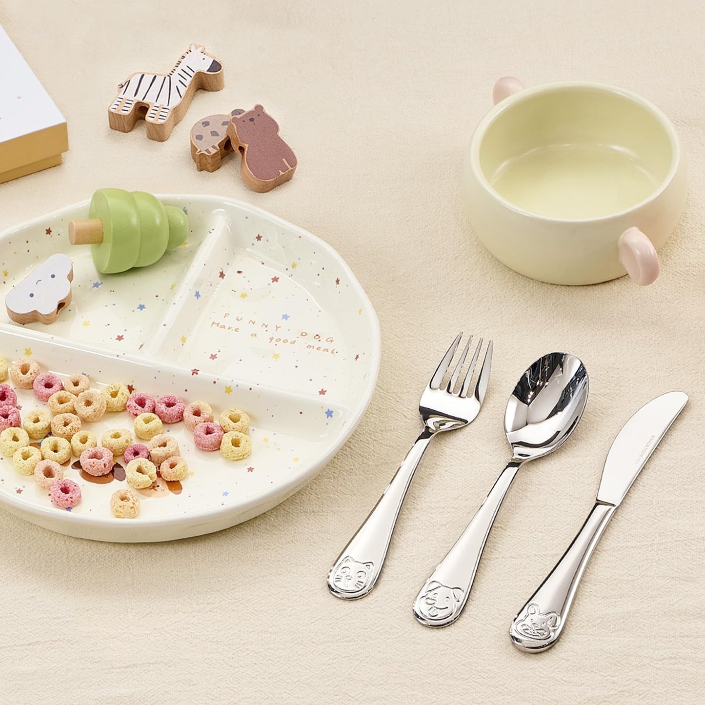 KINGSTONE Toddler Utensils Gift Set, 3-Piece Fork, Spoon & Knife, Large Size, 18/10 Stainless Steel, Cat & Dog Print, Ergonomic Kids Flatware for Self-Feeding, Ideal Birthday or Children Shower Gift