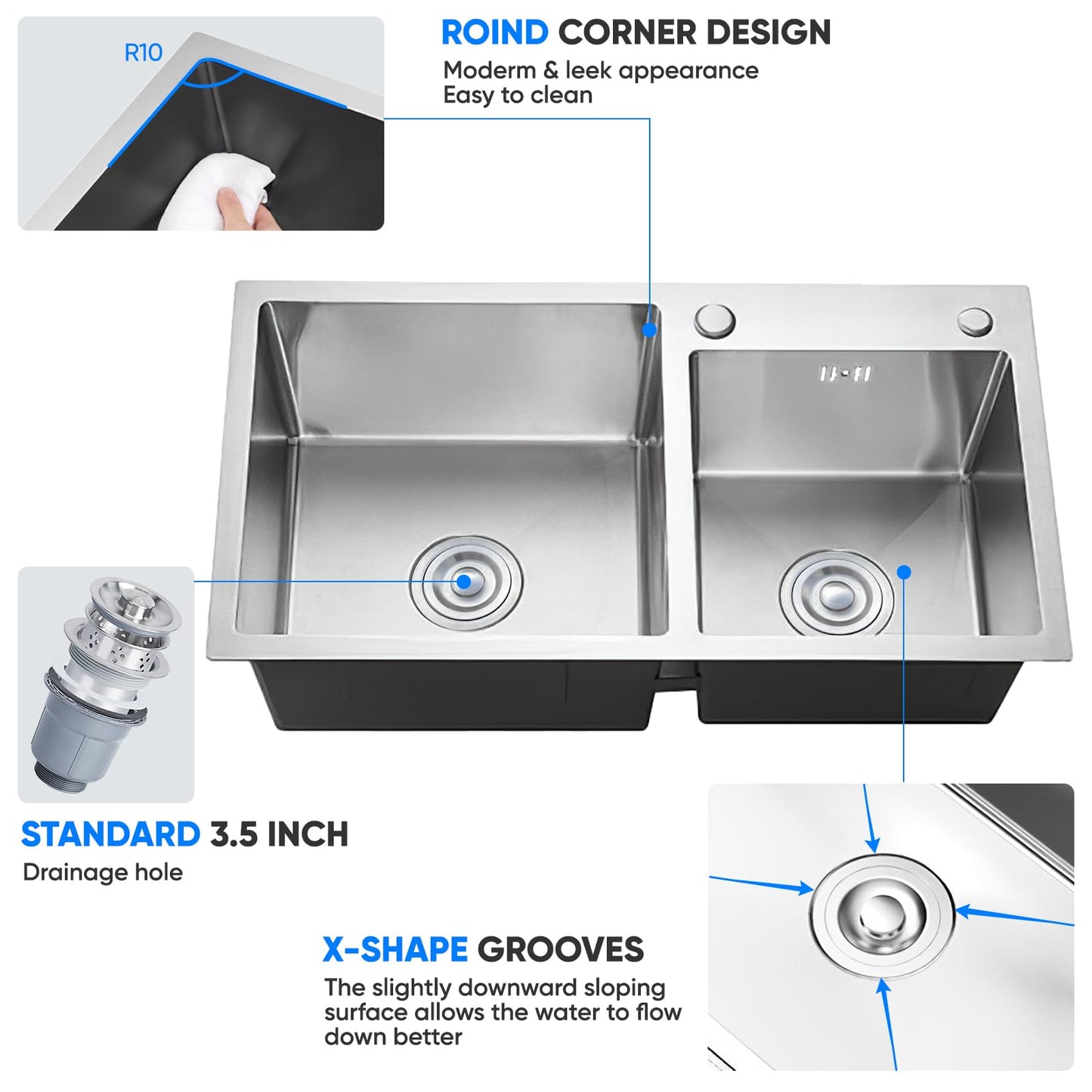 Vivrhintty 32" x 18" Drop-in/Topmount Double Bowl Kitchen Sink, Nano-Coated 304 Stainless Steel Kitchen Sink with Drain and Overflow