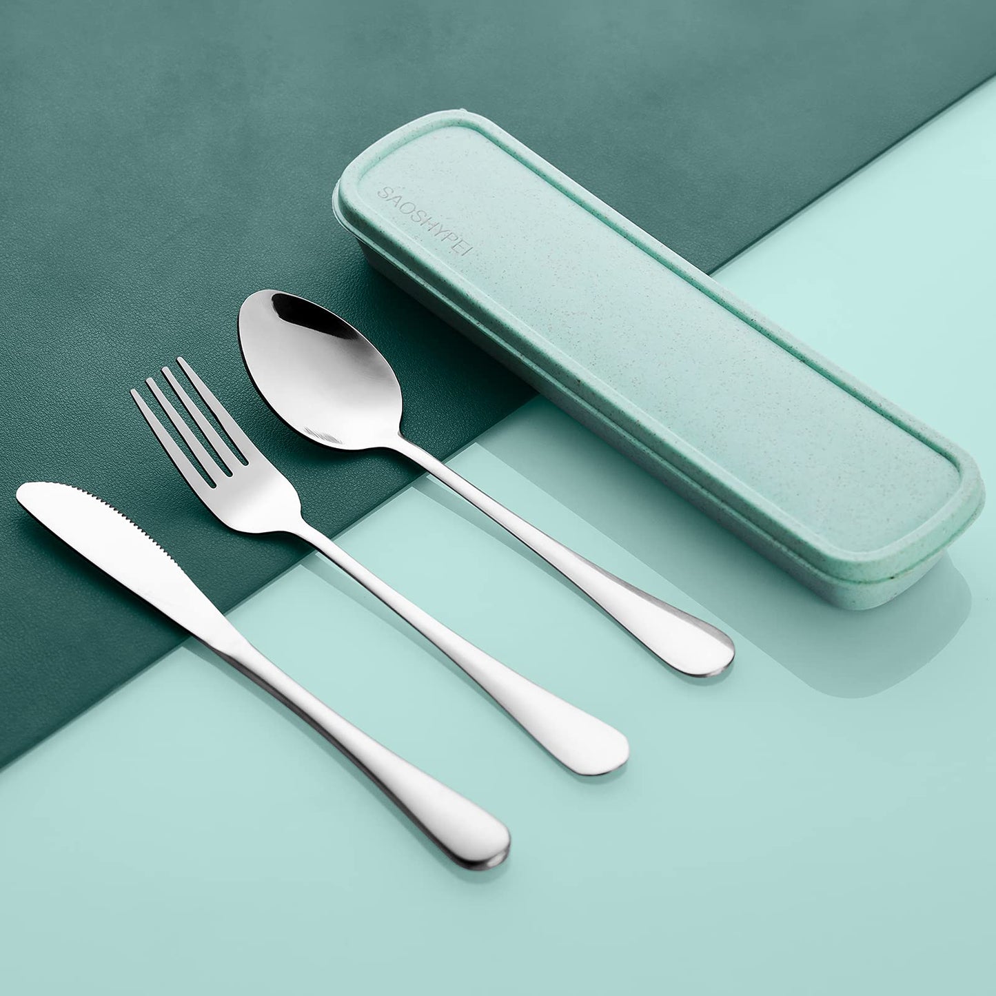 SAOSHYPEI Portable Utensils Set with Case, 4-Piece Stainless Steel Reusable Silverware Set, Travel Flatware Cutlery Set for Camping, Lunch Box, Office, Picnic, Dishwasher Safe