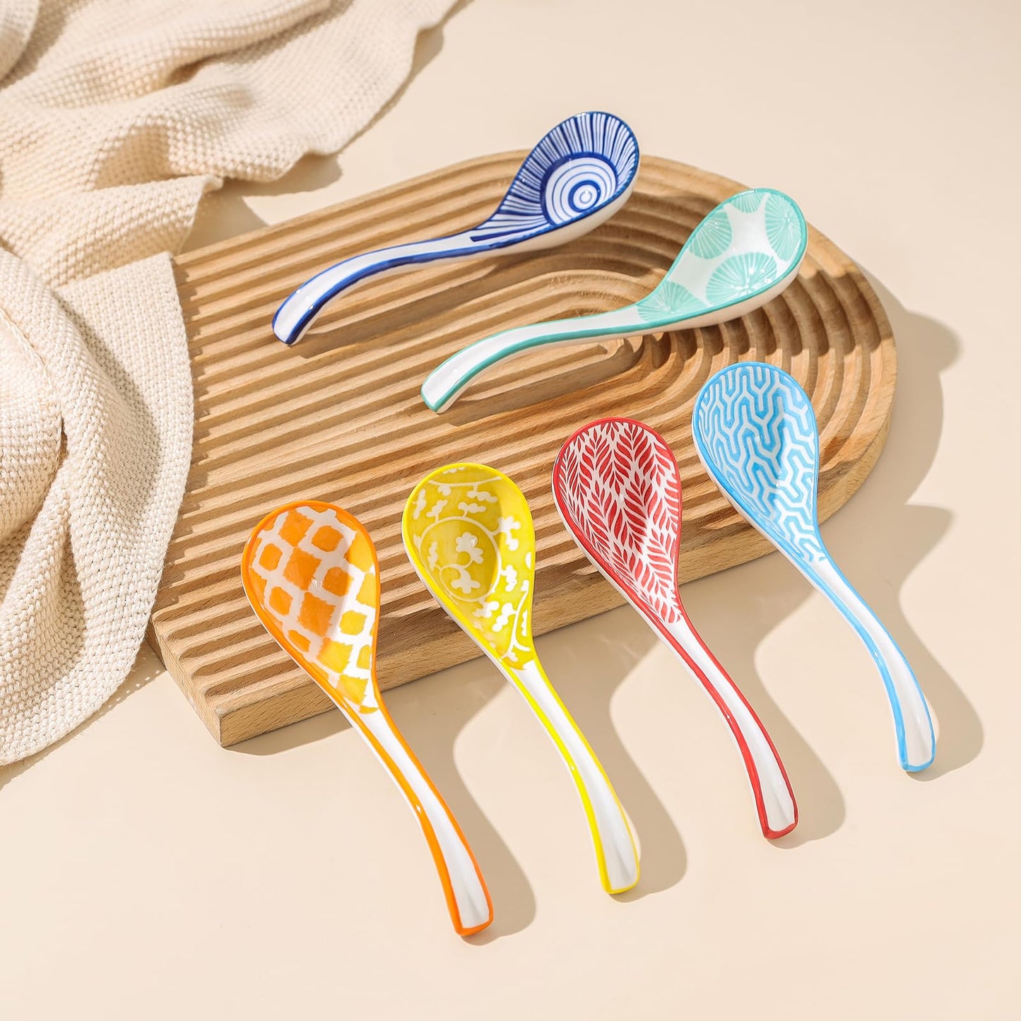 Selamica Asian Ceramic Soup Spoon Set of 6, 6.3 Inch Ramen Spoons, Japanese and Chinese Styles, Assorted Colors
