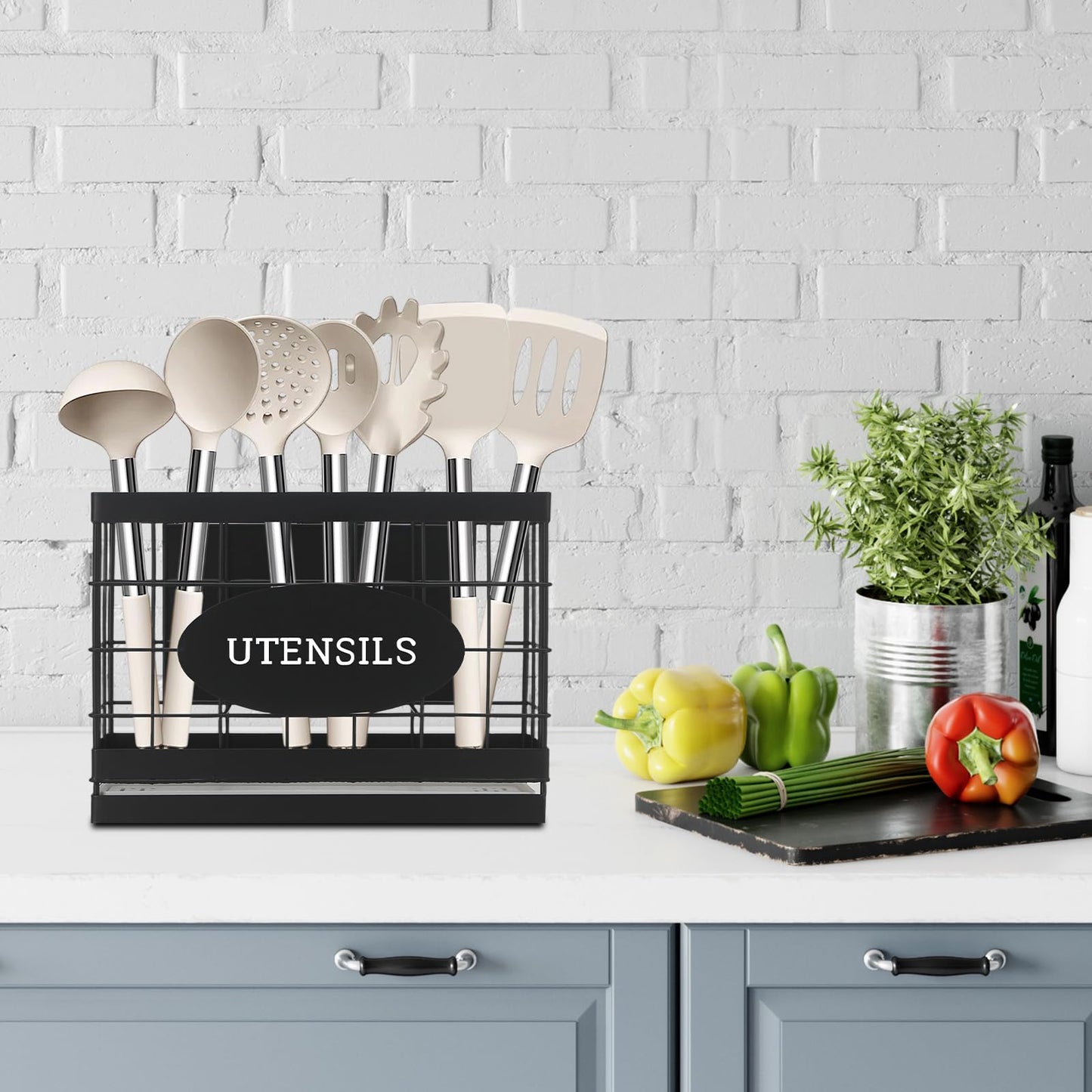 Vivise Magnetic Utensil Holder for Fridge Large Silverware Organizer Kitchen Utensil Organizer with Draining Kitchen Counter Sturdy Black Metal Cooking Caddy Storage for Silicone Spatula Fork Spoon