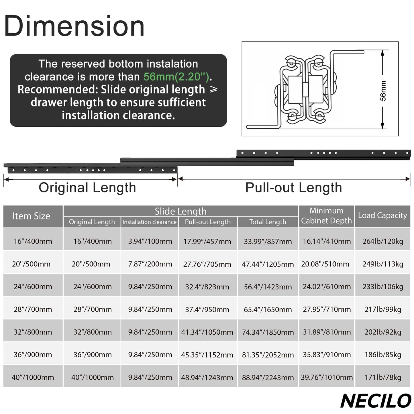 NECILO 36 Inch Undermount Heavy Duty Drawer Slides, 260 lbs Load Capacity, Full Extension Ball Bearing, Concealed Drawer Slides Suitable for Under-Stair and Base Cabinet, Bottom Mount, 1 Pair