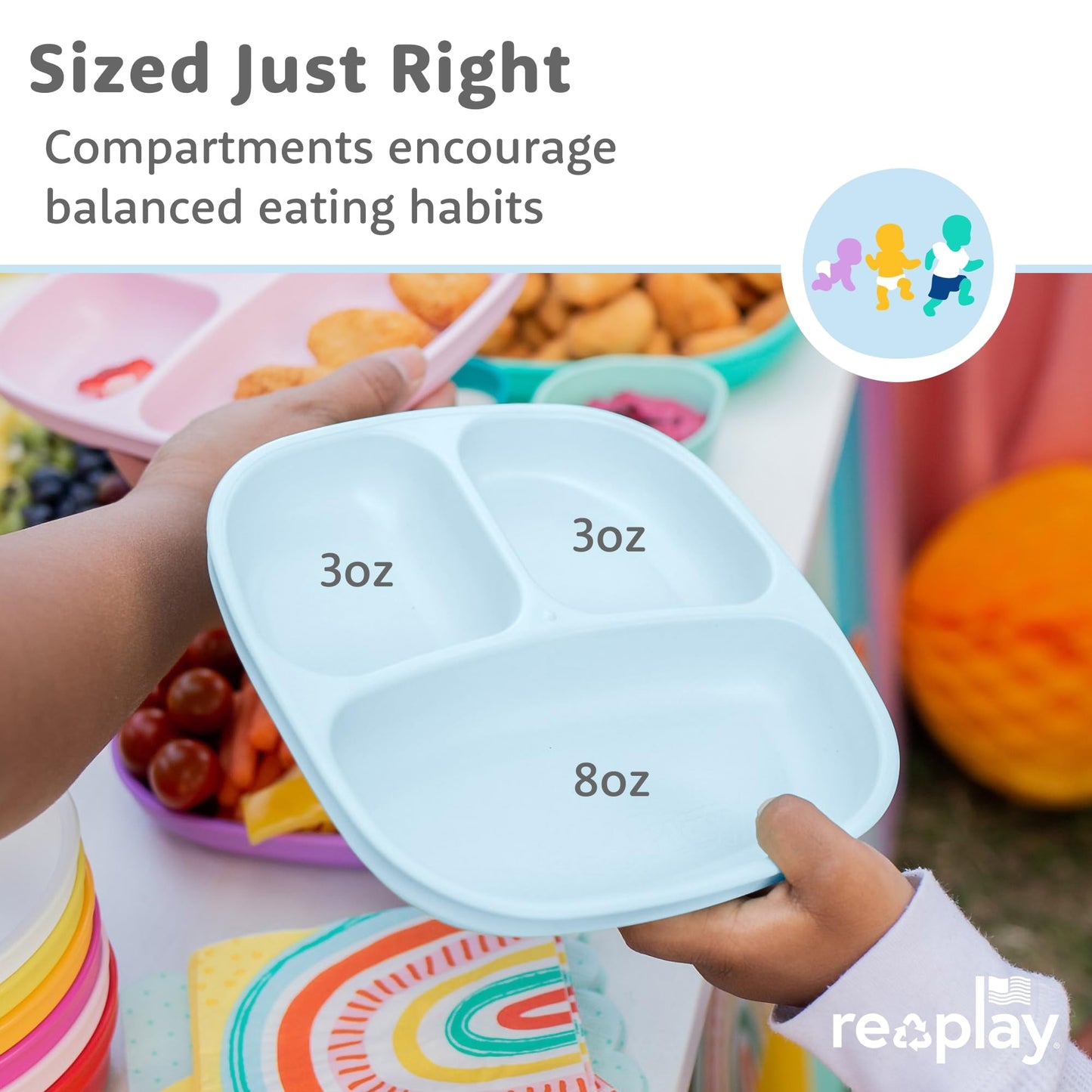 Re-Play 3 Divided Toddler Plates, 3 Utensils Set and 3 Wide Base Bowls - Dishwasher and Microwave Safe - Made in USA - Bluesy