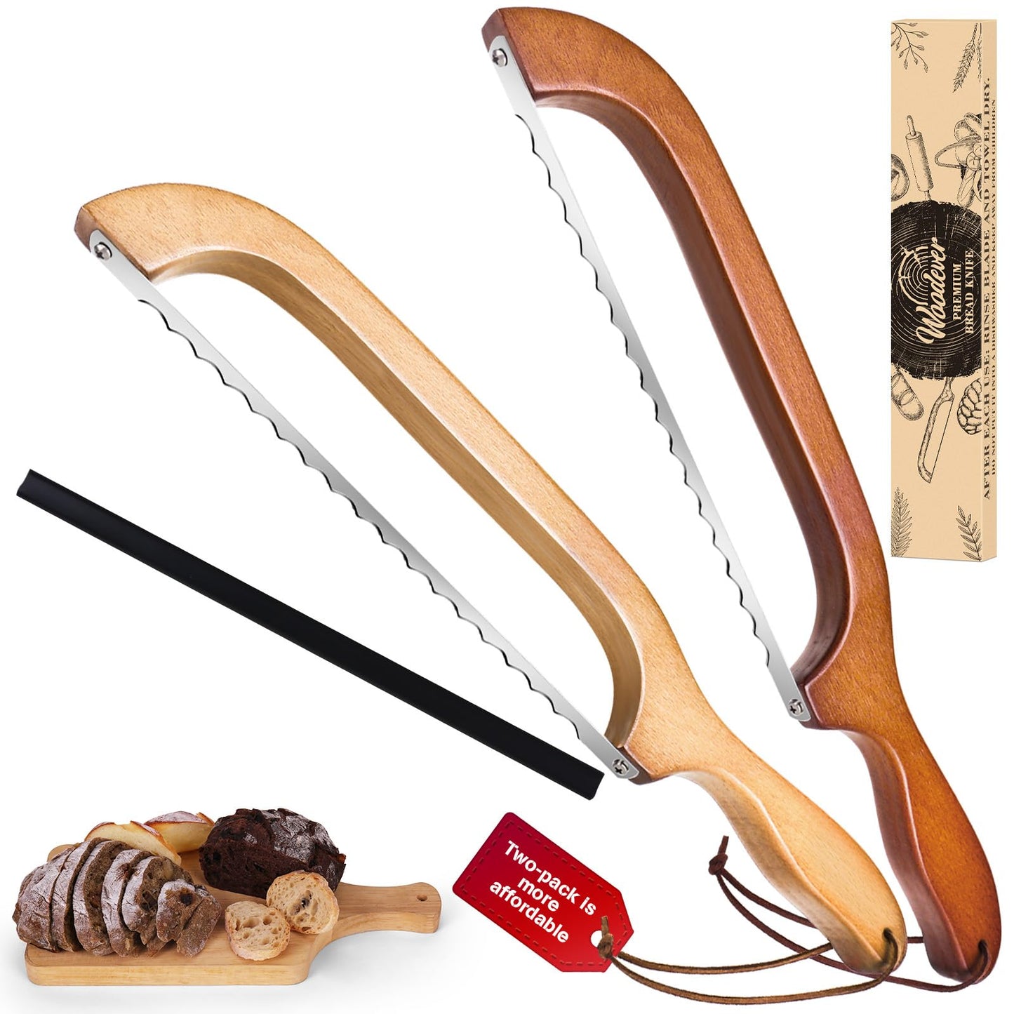 Woodever Bread Knife, 2 Pack Bread Slicer for Homemade Bread, 16'' Wooden Sourdough Bread Knife with Bow Design, Premium Stainless Steel Serrated Bread Cutter for Bagels and Baguettes (2 Pack)