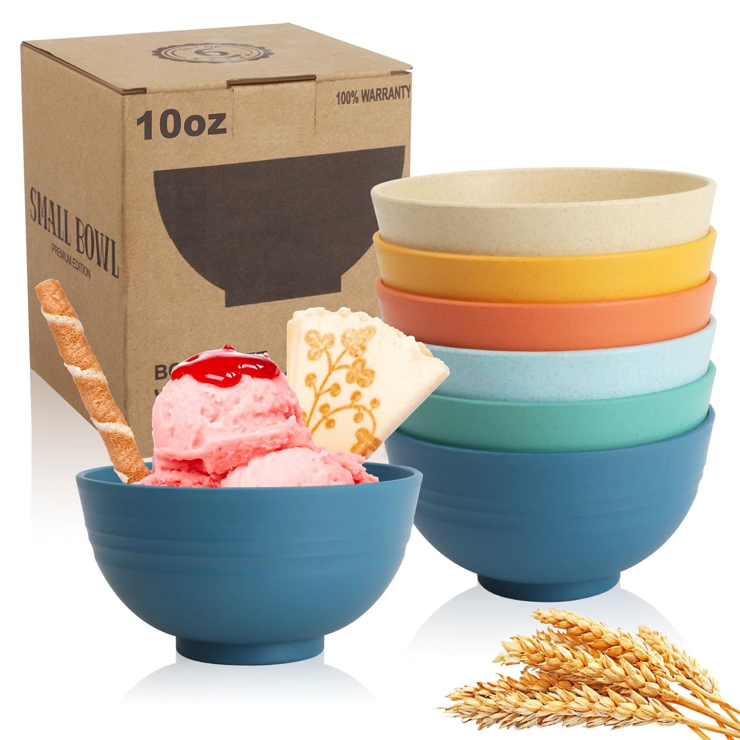 Wrova Handy Wheat Straw Bowls Set of 6,Unbreakable Ice-Cream Bowls Sets for Kids,10oz Small Dessert Bowls for Kitchen,Camping and RV.Vibrant Series