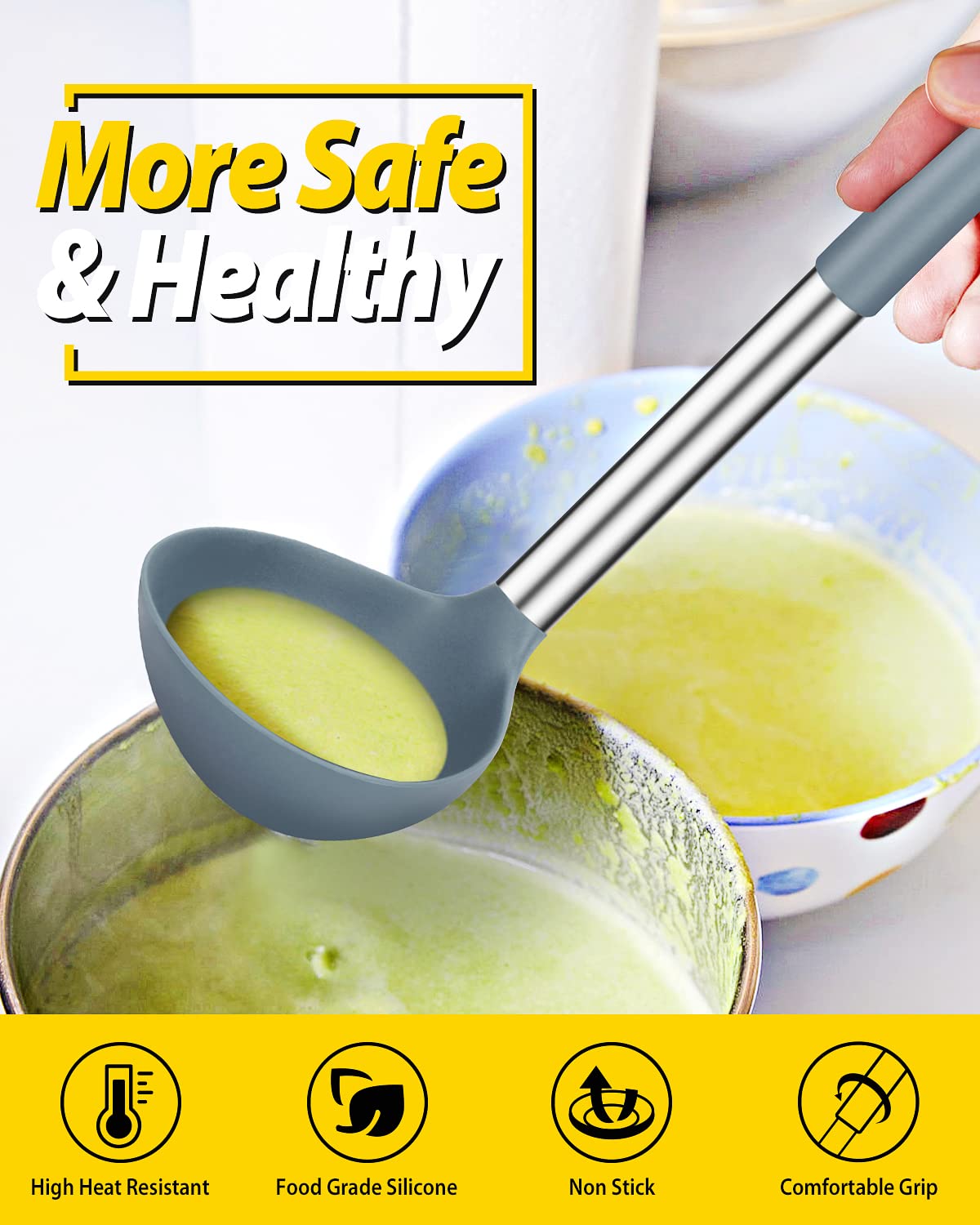 Pack of 2 Ladle Spoon,Silicone Large Spoon for Soup,Non Stick Kitchen Utensils with High Heat Resistant,BPA Free Perfect Kitchen Tools for Cooking, Stirring,Serving Soups (GREY-BLUE)
