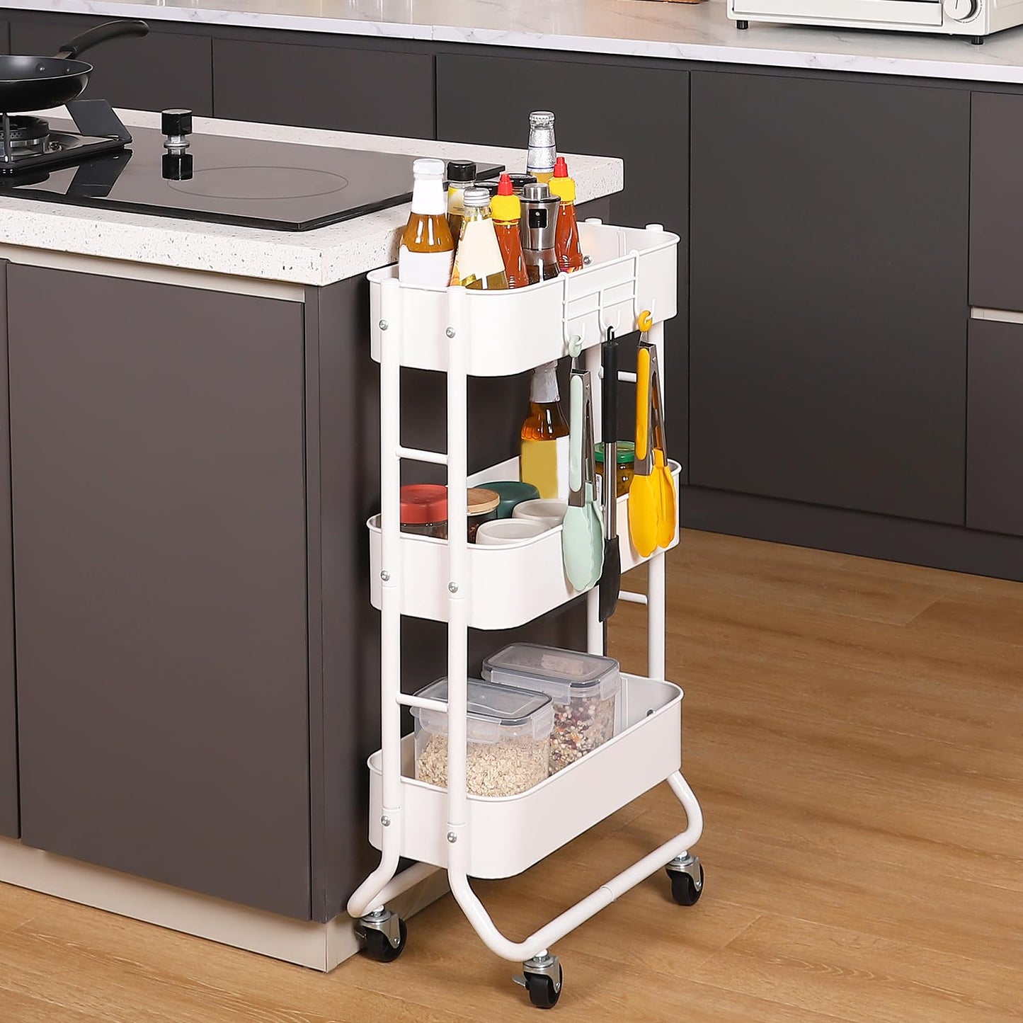 MAX Houser Slim 3-Tier Rolling Utility Cart, Narrow Metal Bathroom Storage Multifunctional Organizer Carts with Wheels with Extra Hook, Laundry Room,Kitchen,Small Space(White)