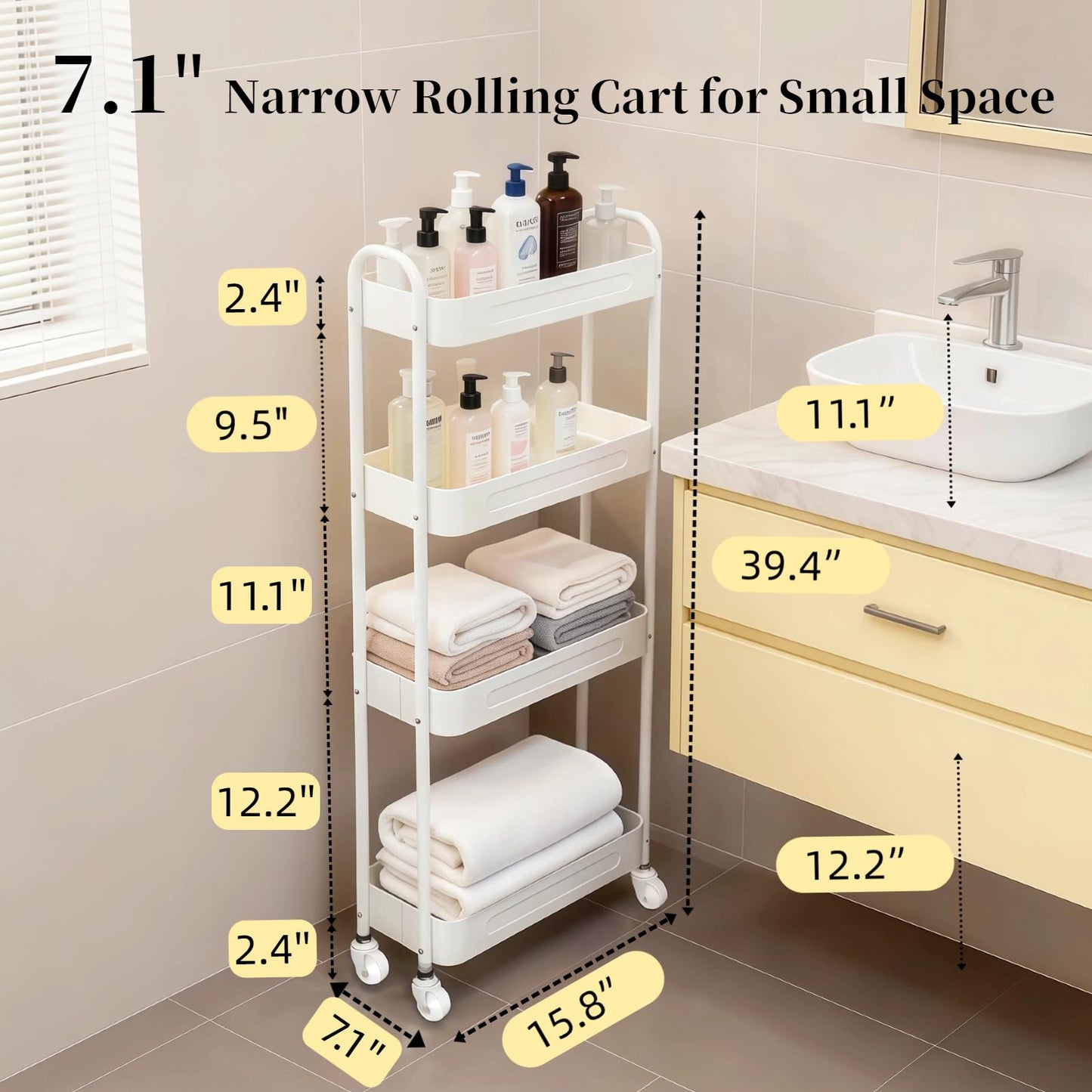 LIWNYRK 4 Tier Slim Kitchen Storage Cart for Narrow Space, 7.1'' Wide Metal Rolling cart with Wheels and Lockable Casters, Sturdy Mobile Thin Shelf for Laundry Room Between Washer and Dryer, White