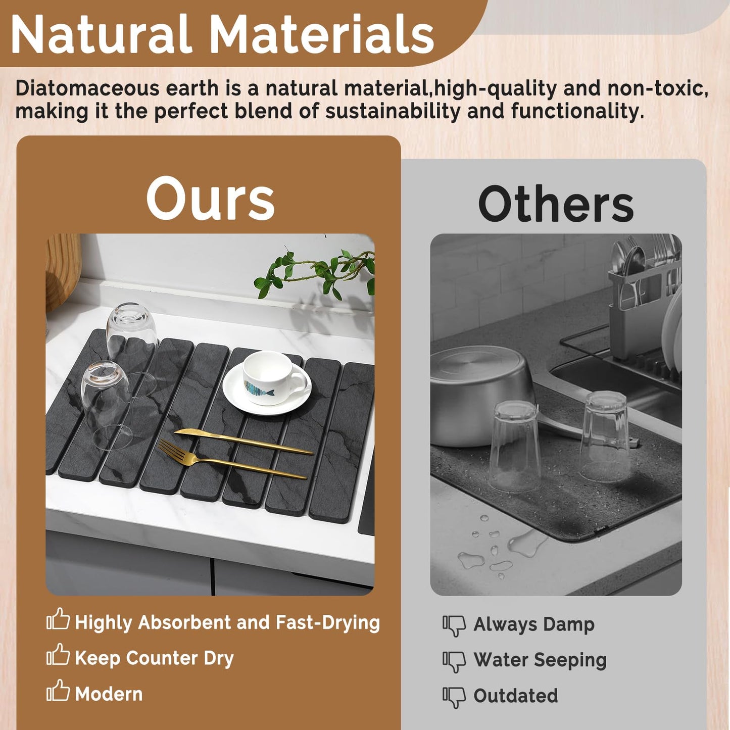 2 PCS Stone Dish Drying Mat for Kitchen Counter,Quick Dry Stone Dishes Mats,Marbled Water Absorbing Diatomaceous Earth Drying Pad for Countertop Bottles Utensils Cups（Dark Gray 20"×14" & 8"x4"）