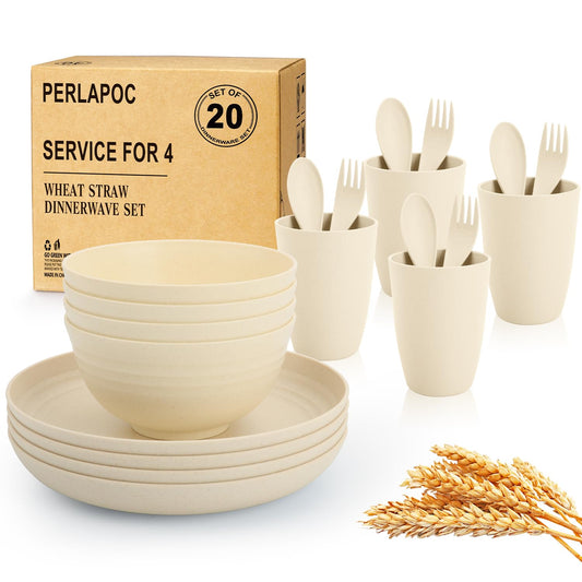 Perlapoc Kitchen Wheat Straw Dinnerware Sets for 4, Unbreakable Kids Dish Set 20 PCS - Dinner Plate/Cereal Bowl/Cup/Fork/Spoon, for Outdoor Camping, RV, Apartment Essentials - Beige