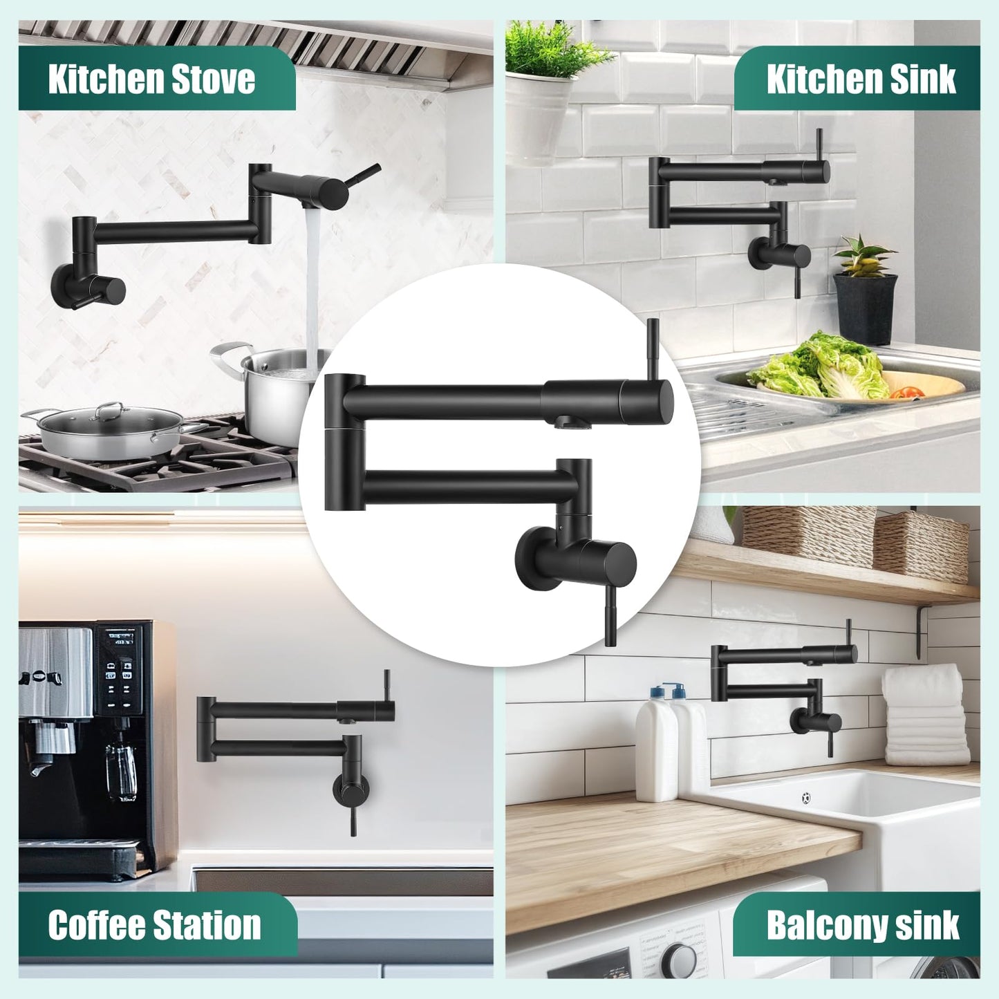 Heyalan Pot Filler 19 Inch Wall Mount Folding Stretchable Kitchen Restaurant Faucet Stainless Steel Pot Filler Double Joint Swing Arm Two Handles Commercial NPT,Straight Handle,Matte Black
