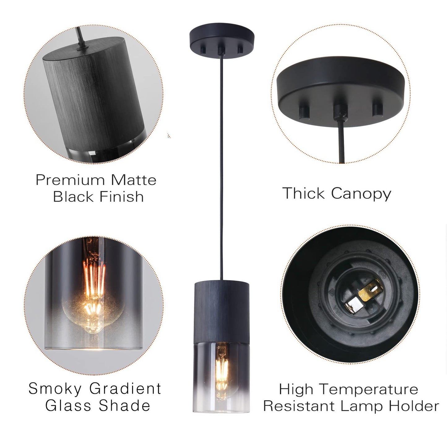 LINSEEDS 3-Pack Black Pendant Light Fixtures, Adjustable Modern Pendant Lights for Kitchen Island, Industrial Glass Pendant Lights for Dining Table Hallway Bedroom Living Room