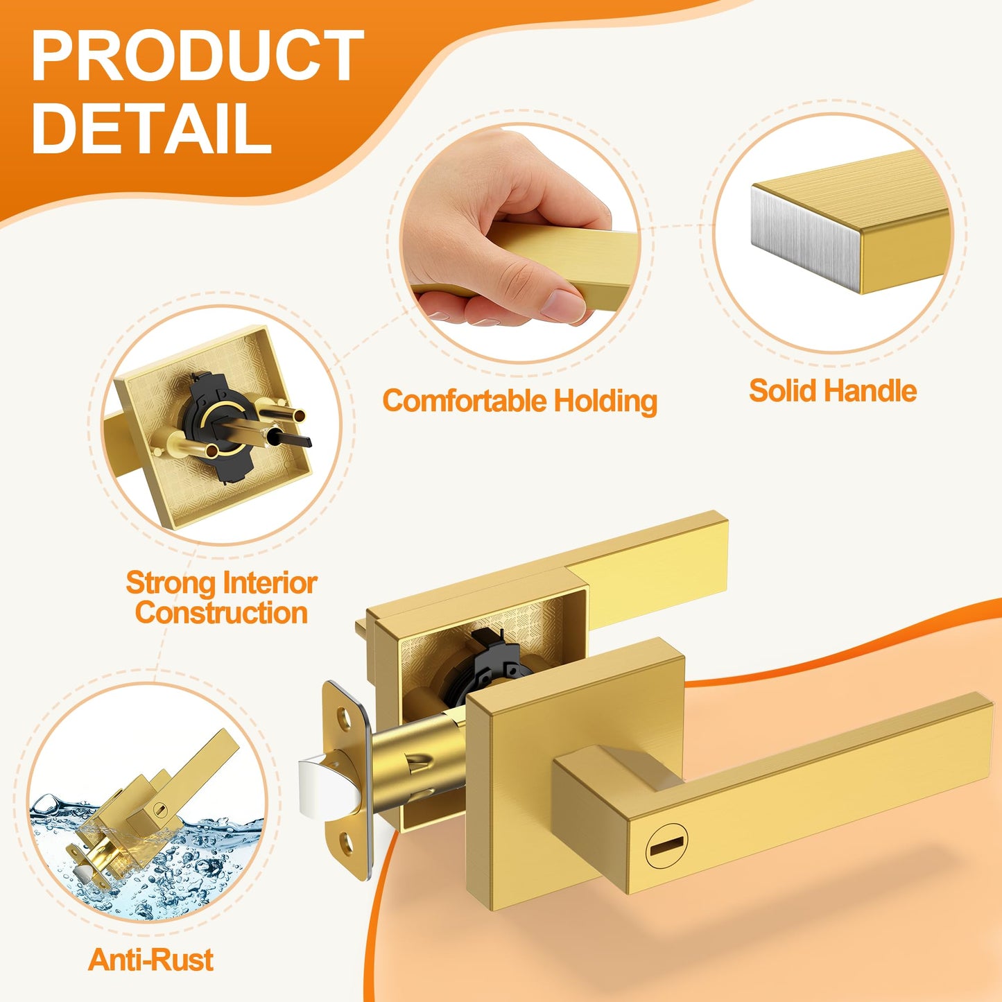 Plustool 6 Pack Brushed Gold Door Handles, Interior Door Knob Heavy Duty, Flat Square Privacy Door Locks, Keyless Door Leverset for Bedroom and Bathroom