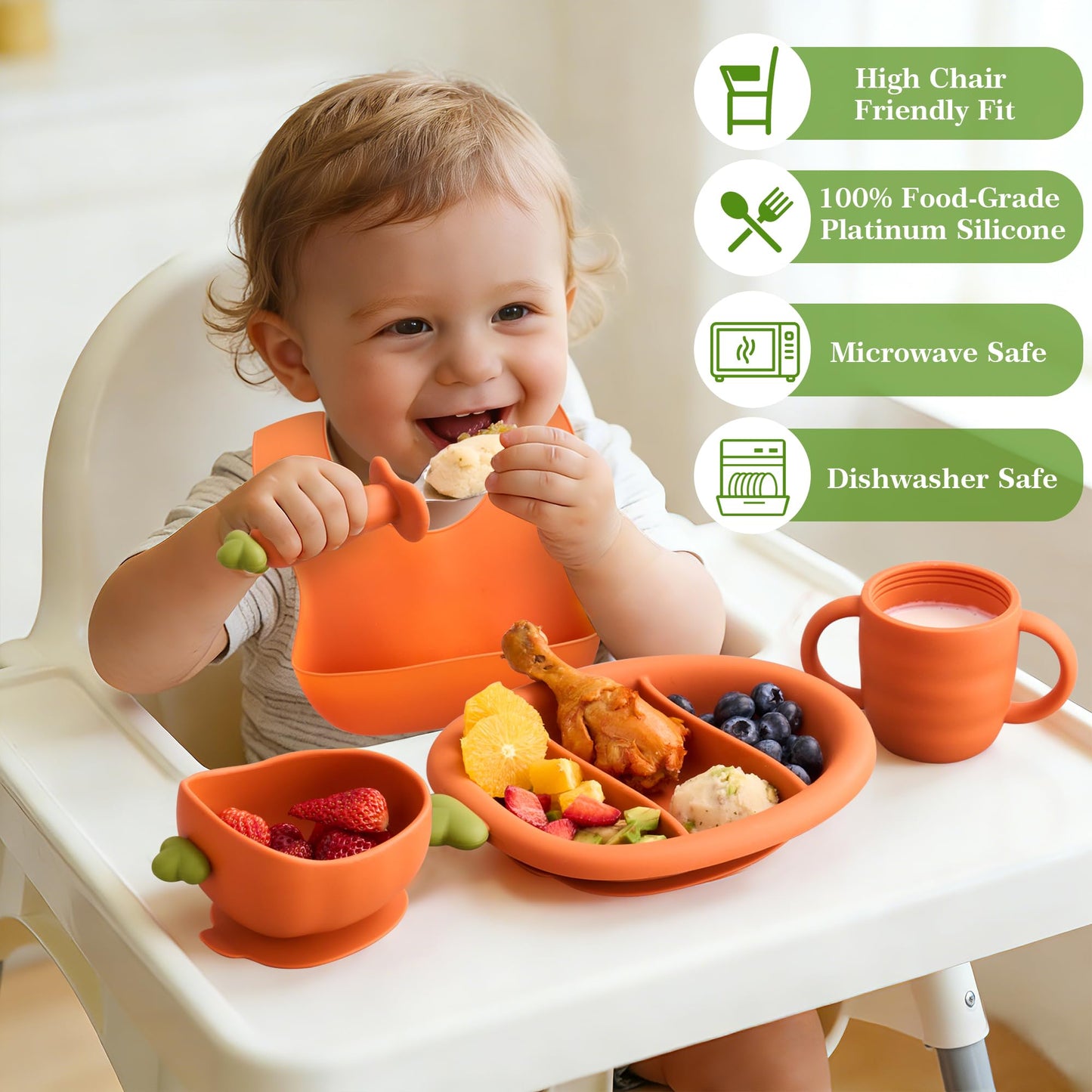 COZY ROCK Silicone Baby Feeding Set, Carrot Design BLW Toddler Feeding Set with Suction Plate & Bowl, Bib, Fork & Spoon, 2-in-1 Straw and Snack Cup, BPA-Free Baby Tableware for Starting Solids