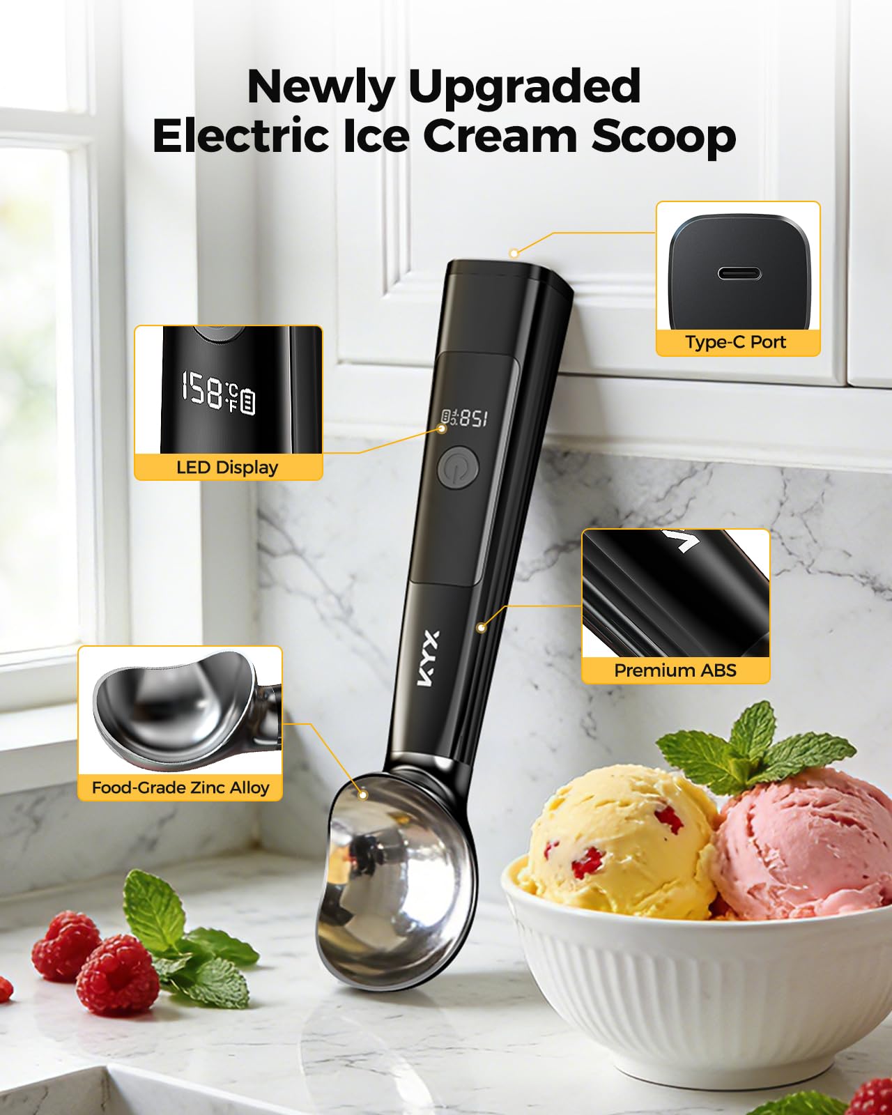 KYX Heated Ice Cream Scoop, with USB-C Charging, 3 Temperature Settings, Food-Grade Zinc Alloy, IPX6 Waterproof & Auto Shut-Off, Ideal for Scooping Hard Ice Cream, Gelato & Frozen Desserts