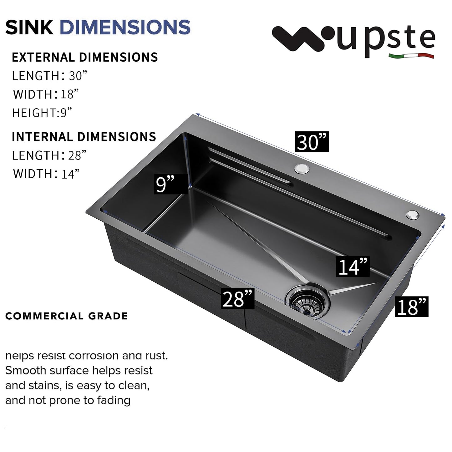Gunmetal Black Kitchen Sink 30 Inch Modern Stainless Steel Drop in kitchen Sink Workstation Scratch Resistant Single Bowl Kitchen Sinks Farmhouse Deep with Faucet Combo