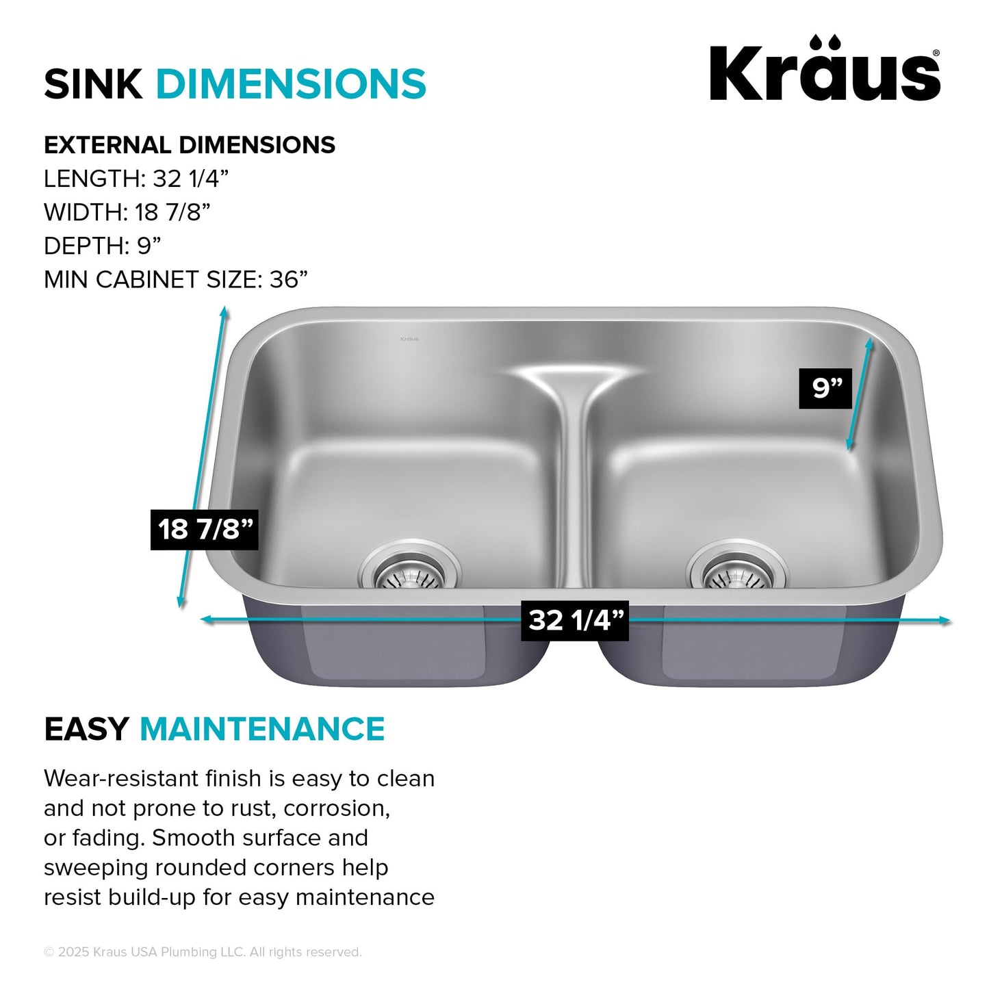 KRAUS Premier 32-inch Undermount 50/50 Double Bowl Low Divider 18-Gauge Stainless Steel Kitchen Sink with Strainers (x2), KBU32