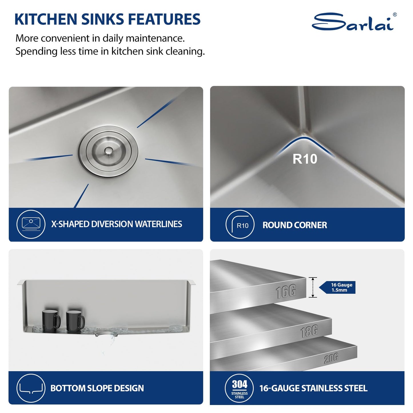 Sarlai 30 Undermount Kitchen Sink 30x18 Inch Stainless Steel Single Bowl Kitchen Sink Round Corner 16 Gauge Handmade Under Counter Sinks Basin