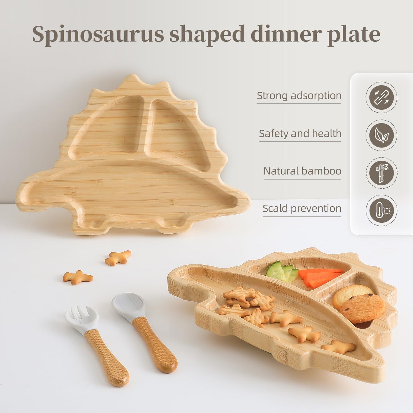 HBM Bamboo Baby Plate Set with Suction - Dinosaur Divided Toddler Dishes with Matching Fork & Spoon | Natural Wood Stay-Put Feeding Set for Infants & Kids (Marble Texture Not Stains)
