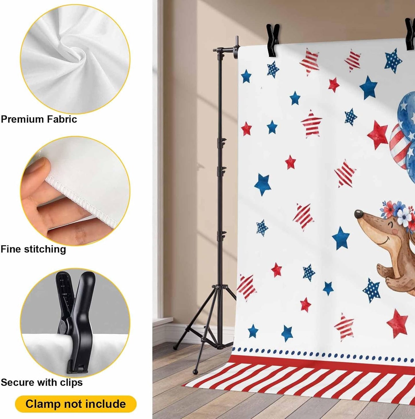 Generic 12 8 Independence Day Photo Backdrop for Photoshoot, x FT Flag Day Sausage Dog Blue Red Star Balloon Photo
