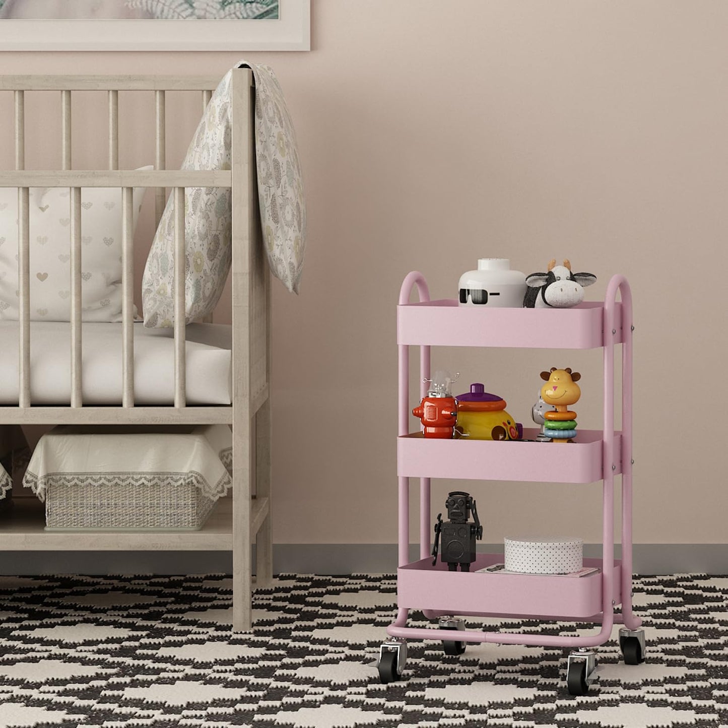 Elitehouse Metal Rolling Cart,3-Tier Pink Rolling Cart with Wheels,Metal Utility Cart with Wheels for Office,Home,Kitchen,Garden（13.4"x18.1"x31"） Pink