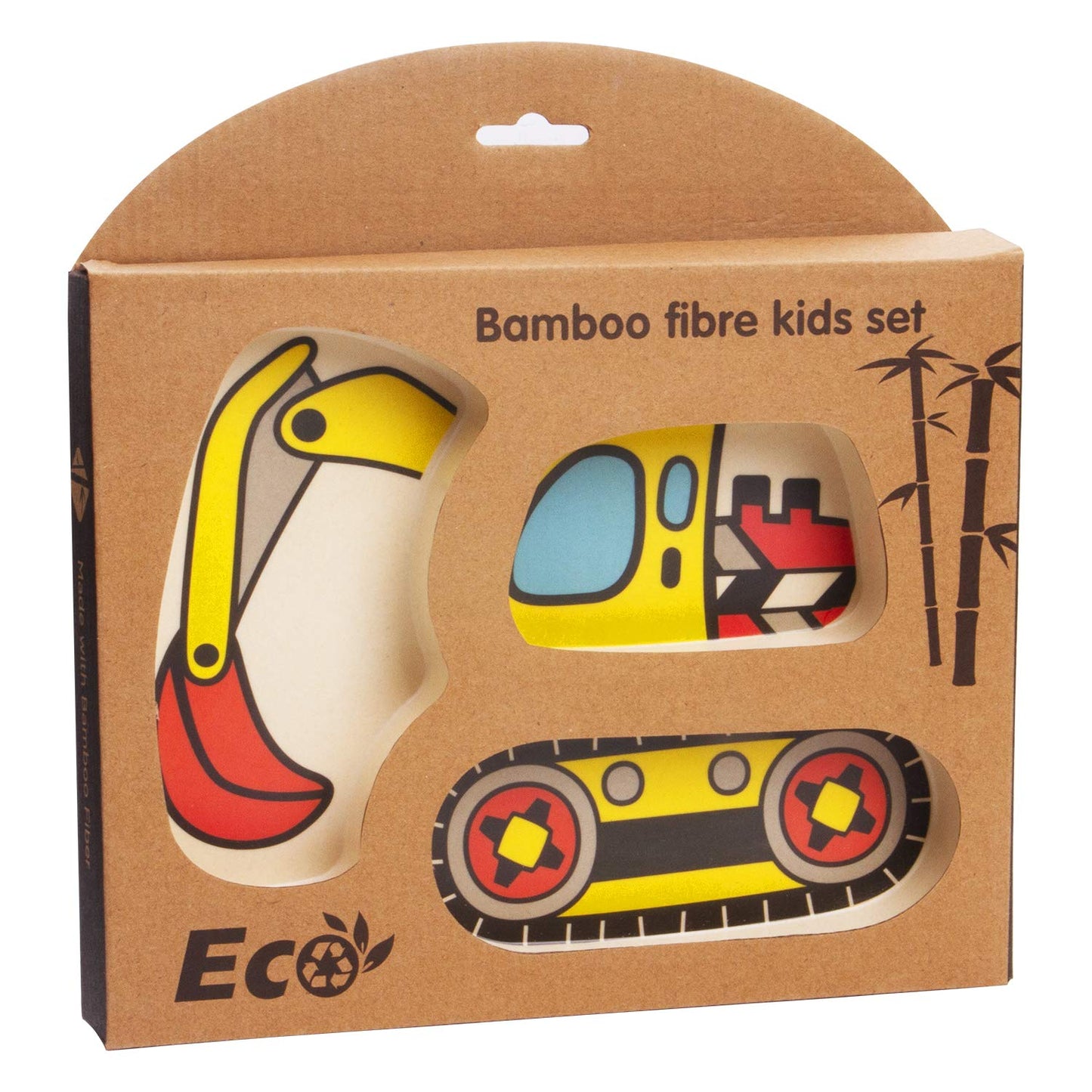 Kid Plate Set Bamboo Toddler Plates Dinnerware Dinner Dish Set Baby Feeding Spill Proof Divided Plate - Baby Spoon and fork 3-Piece Set for Kids and Toddlers (excavator/crane)
