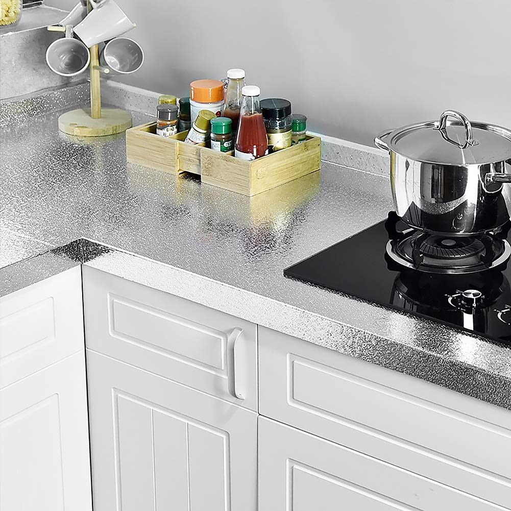 VEELIKE 15.74x354.33inches Kitchen Backsplash Wallpaper Peel and Stick Aluminum Foil Contact Paper Self Adhesive Oil-Proof Heat Resistant Wall Sticker for Countertop Drawer Liner Shelf Liner