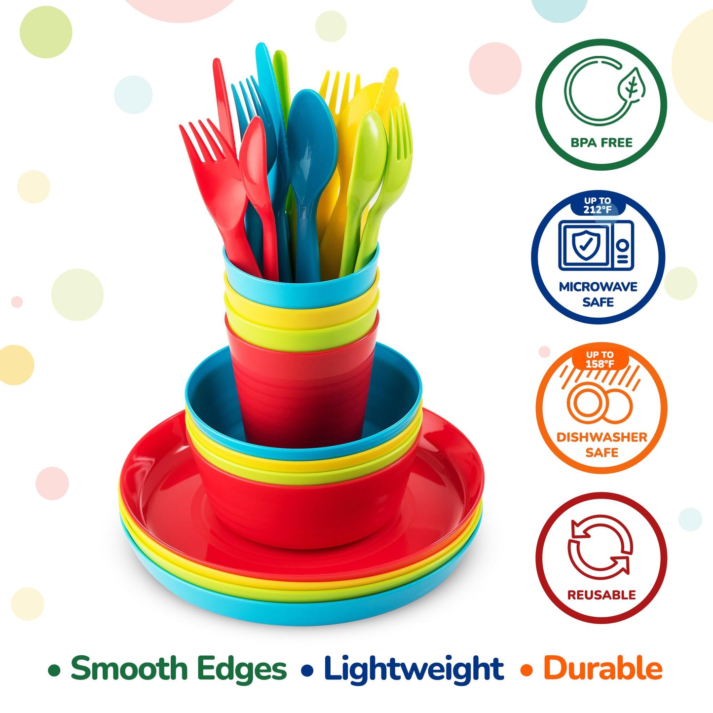 PLASKIDY Kids Plastic Dinnerware Set - 36 Pc Reusable Children's Dinner Set Microwave / Dishwasher Safe BPA Free Toddler Dishes Dinnerware Set Includes Kids Plates and Bowls Kids Cups & Flatware.