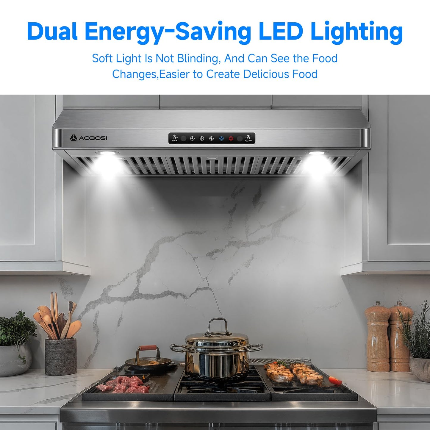 AAOBOSI 36 Inch Under Cabinet Range Hood, 800 CFM Stainless Steel Kitchen Vent Hood with Gesture Sensing, Touch Control, 3-Speed Exhaust Fan, LED Lights, Ducted Range Hood