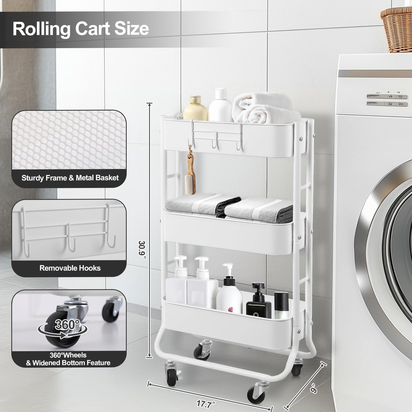 MAX Houser Slim 3-Tier Rolling Utility Cart, Narrow Metal Bathroom Storage Multifunctional Organizer Carts with Wheels with Extra Hook, Laundry Room,Kitchen,Small Space(White)